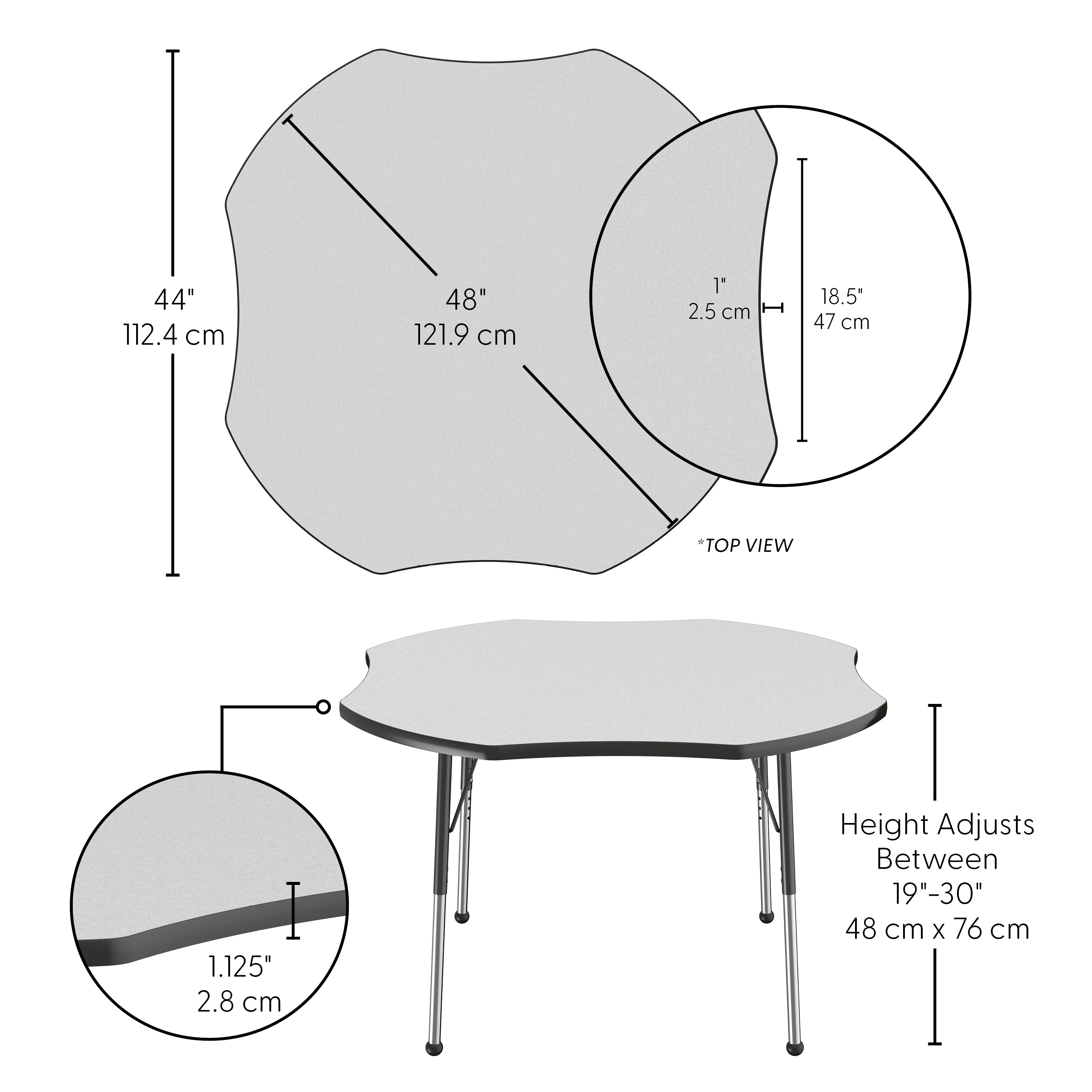 48" x 48" Clover T-Molding Activity Table with Adjustable Standard Ball Glide Legs - Gray/Black