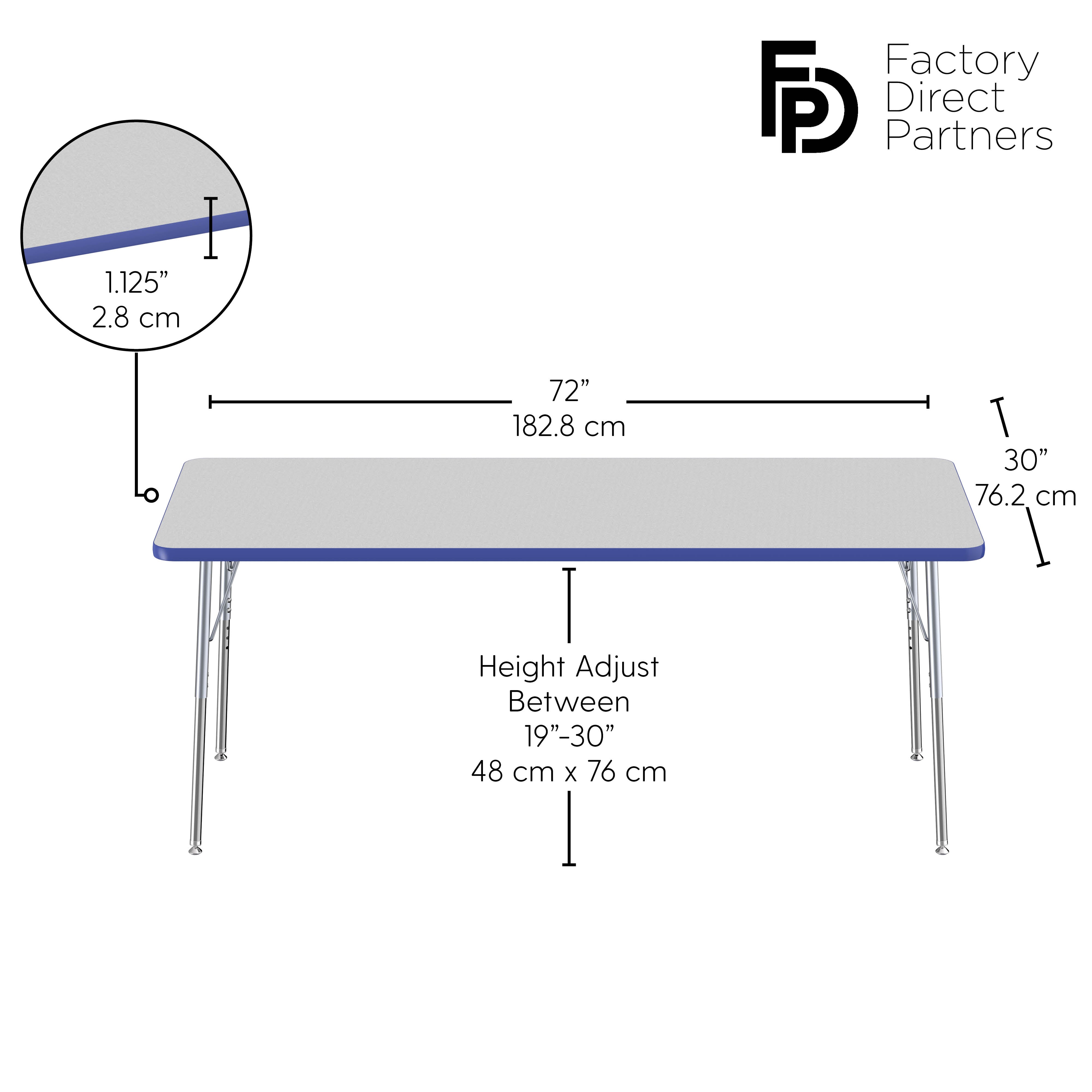 30" x 72" Rectangle T-Molding Activity Table with Adjustable Standard Swivel Glide Legs - Gray/Blue/Silver
