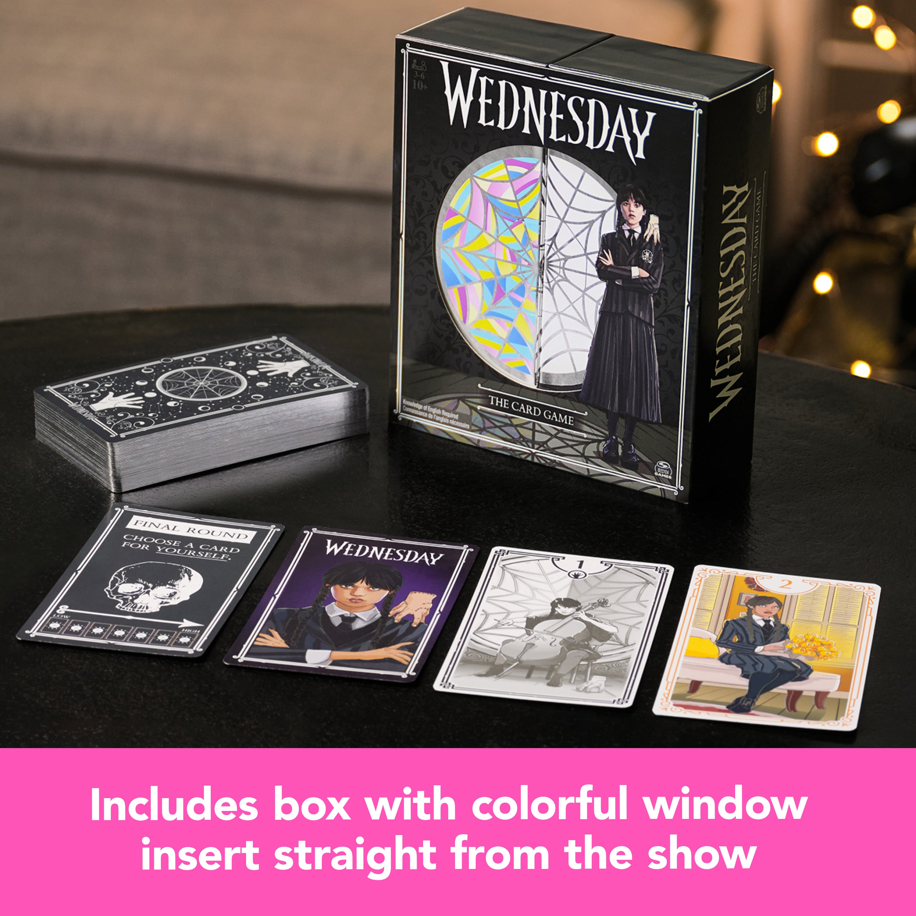 Spin Master Games, Wednesday Card Game, Premium Foil Cards From the Hit TV Series, Wednesday Collectibles, Goth Gifts, for Kids & Family, 3-10 Players, for Ages 10 & Up