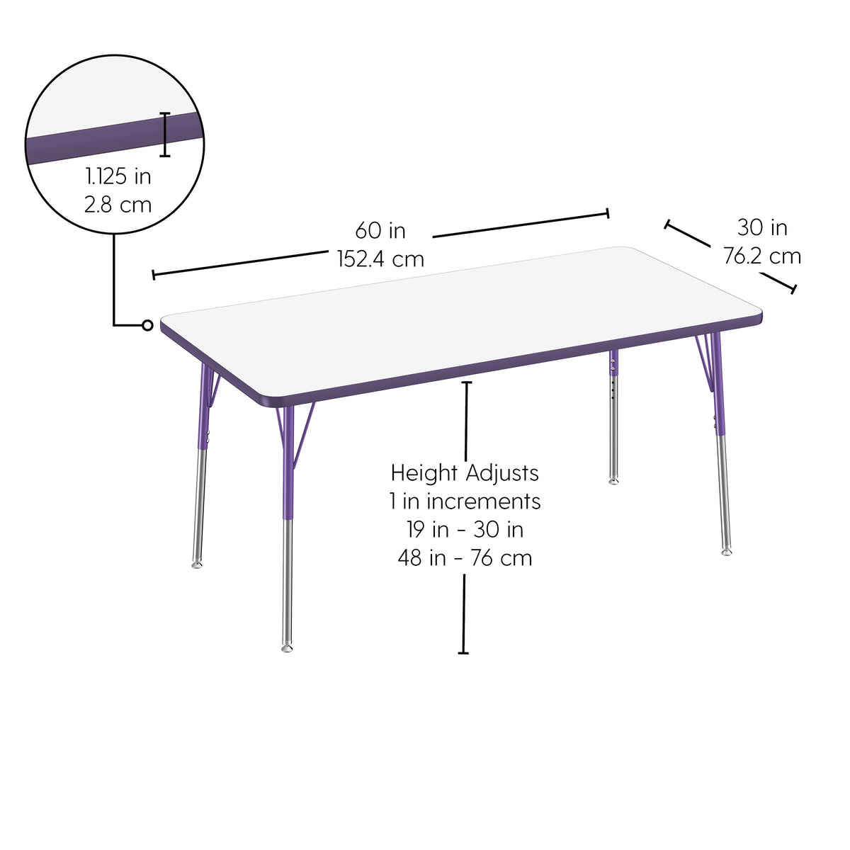 30" x 60" Rectangle Dry-Erase Activity Table with Adjustable Standard Swivel Glide Legs - Whiteboard/Eggplant/Purple