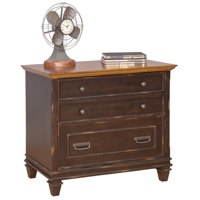 OfficeSource Refined 2 Drawer Lateral File 36"W - Vintage Black with Wood Plank Tops