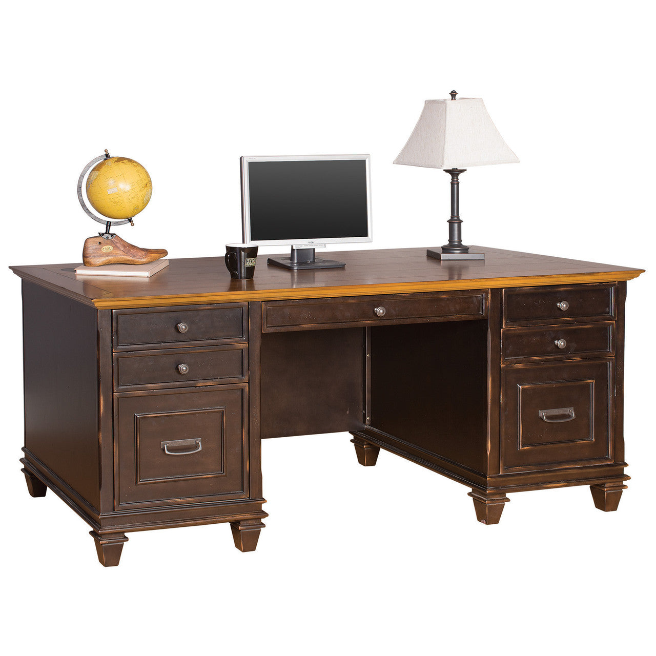 OfficeSource Refined 70"W Executive Desk - Vintage Black with Wood Plank Tops