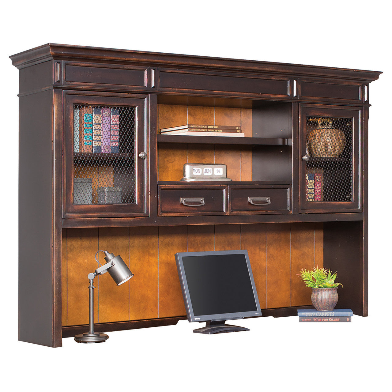 OfficeSource Refined Executive Hutch - 71"W - Vintage Black with Wood Plank Tops