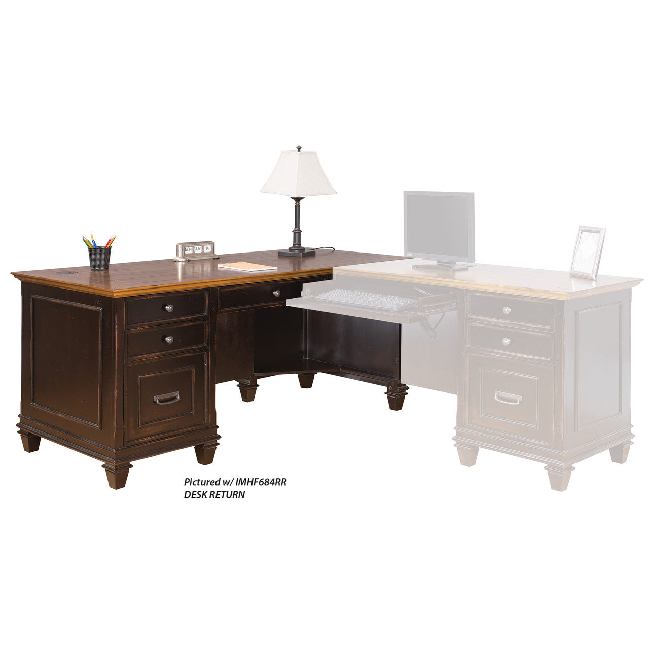 OfficeSource Refined Right Return Desk - Vintage Black with Wood Plank Tops