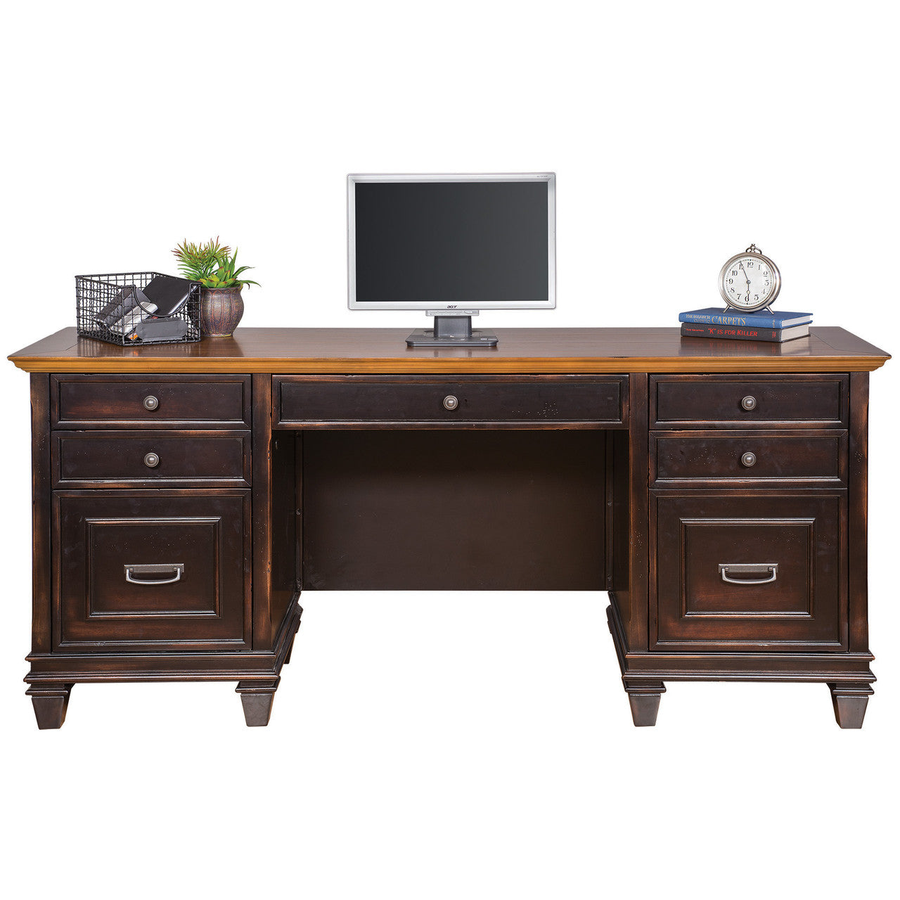 OfficeSource Refined Knee Space Credenza - Vintage Black with Wood Plank Tops