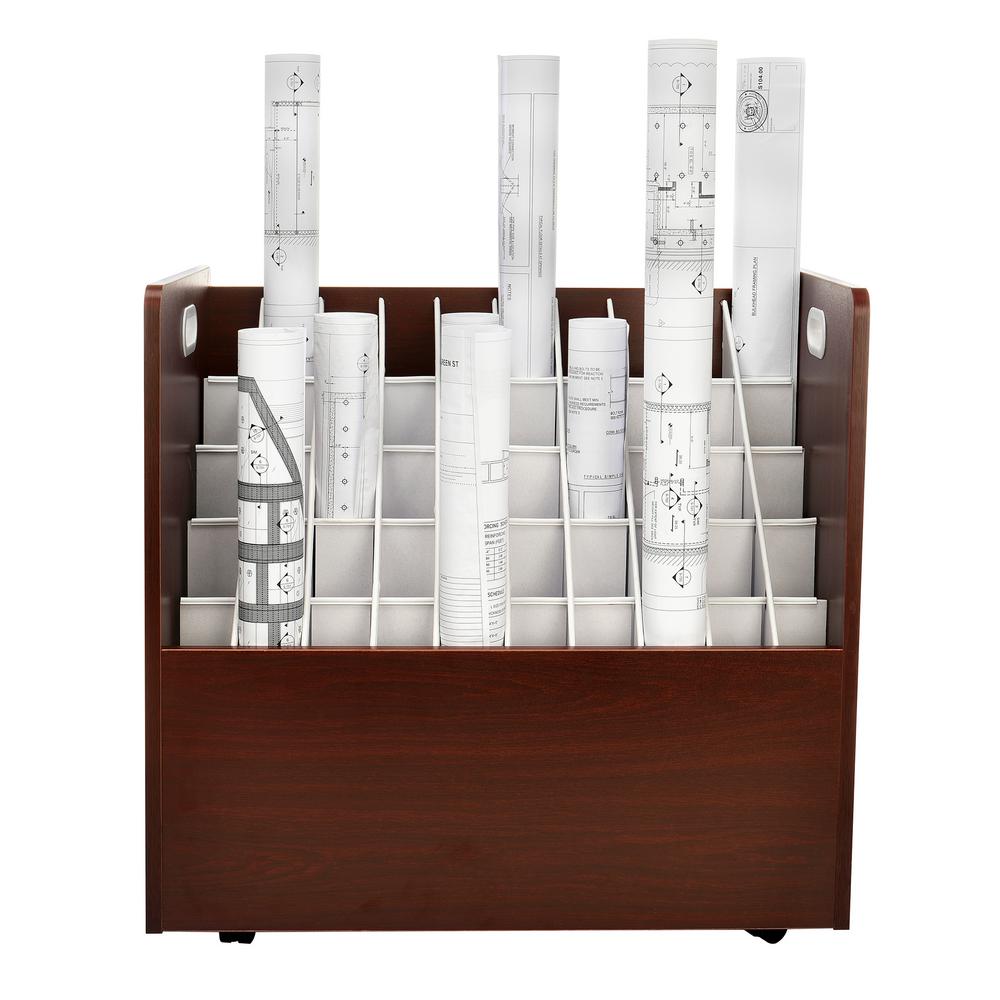 50-Compartment Mahogany Mobile Wood Roll File Storage Organizer 2 Pack