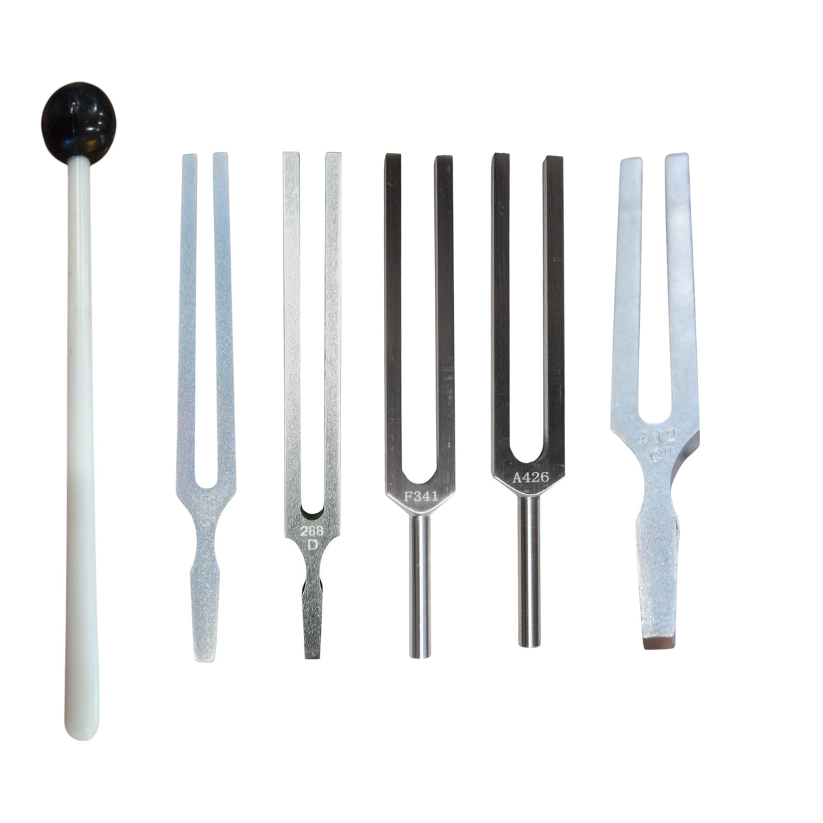 Tuning Fork Set, 5 Forks with Mallet, Aluminum, 256-512 Hz
