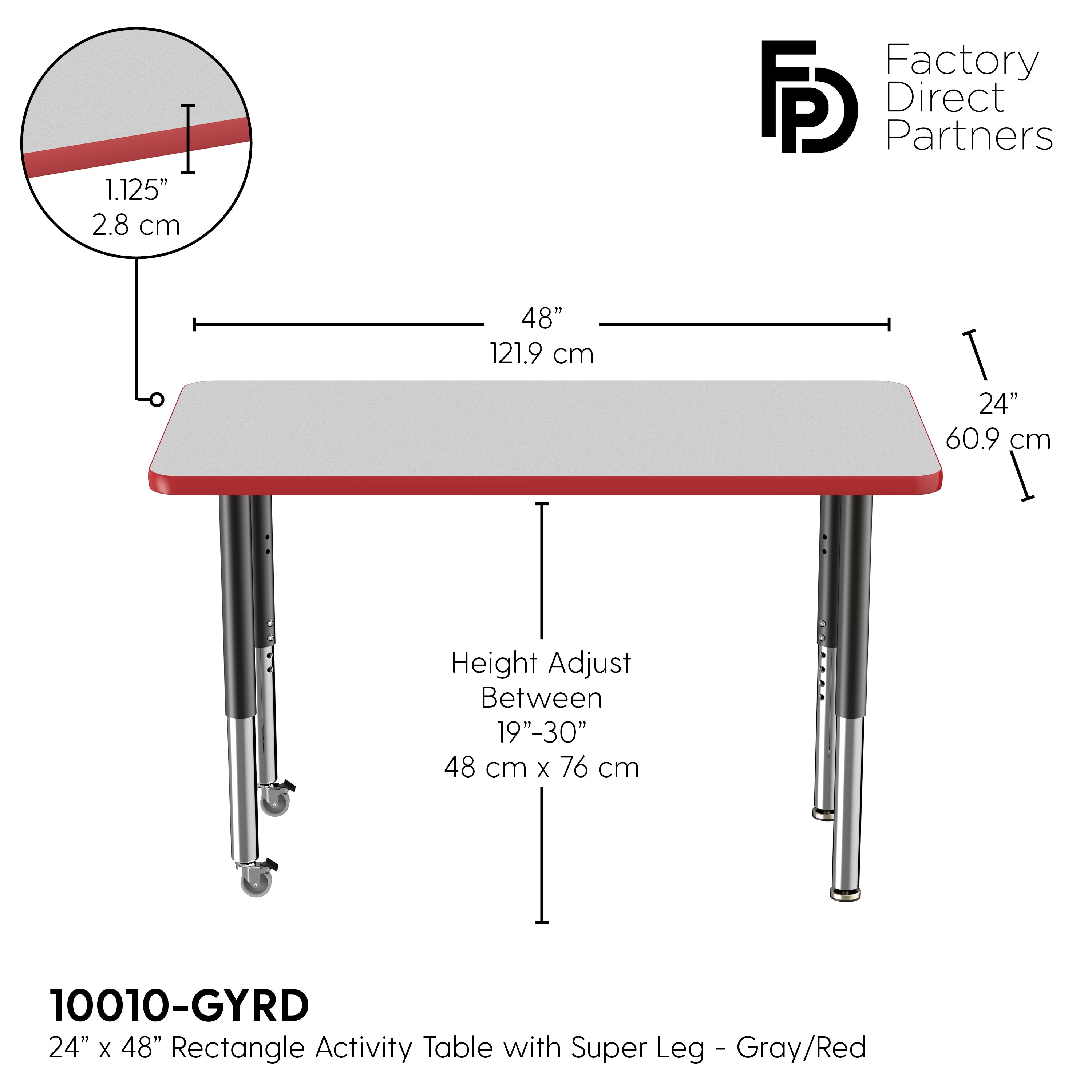 24" x 48" Rectangle T-Molding Activity Table with Adjustable Super Legs - Gray/Red/Black