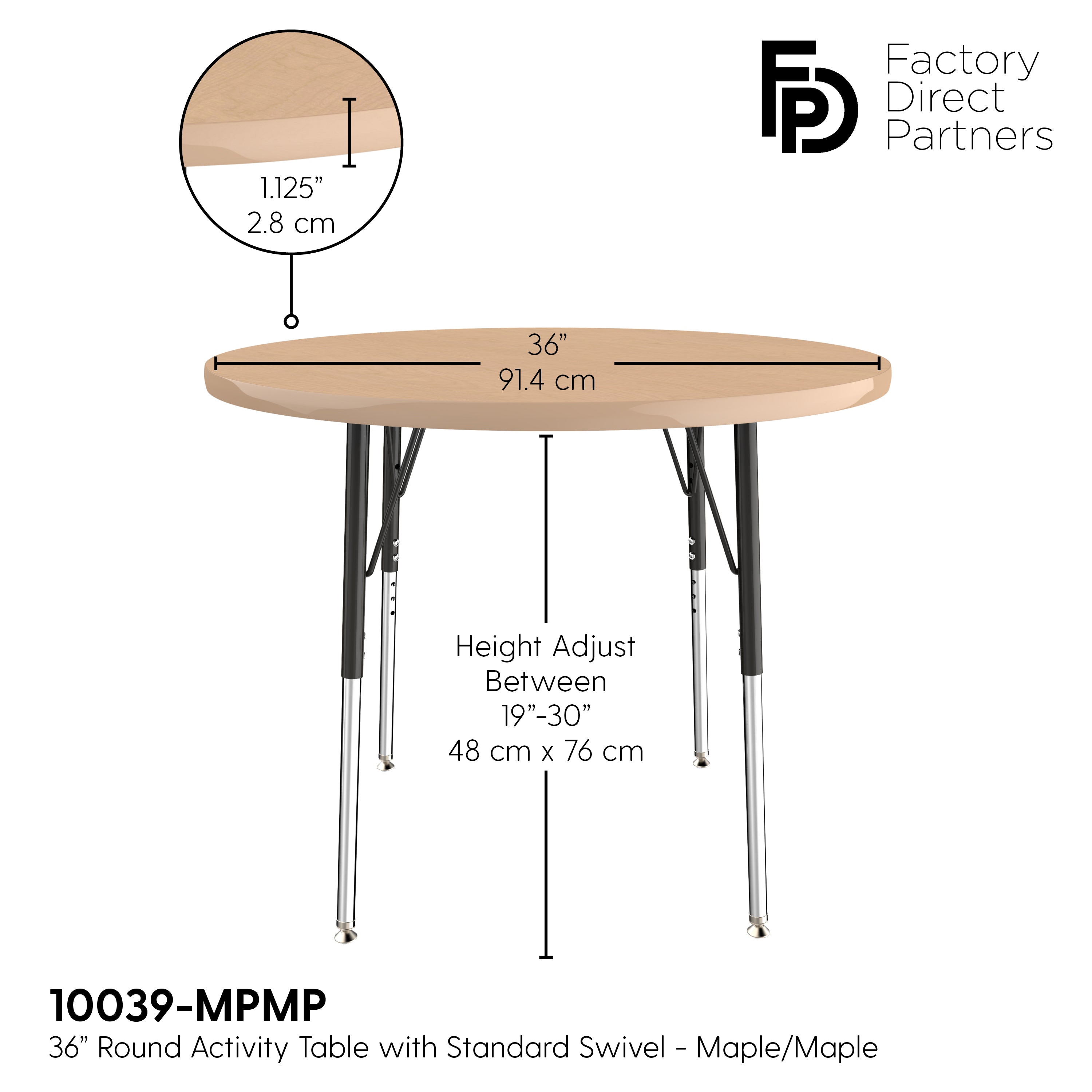 36" Round T-Molding Activity Table with Adjustable Standard Swivel Glide Legs - Maple/Maple/Black