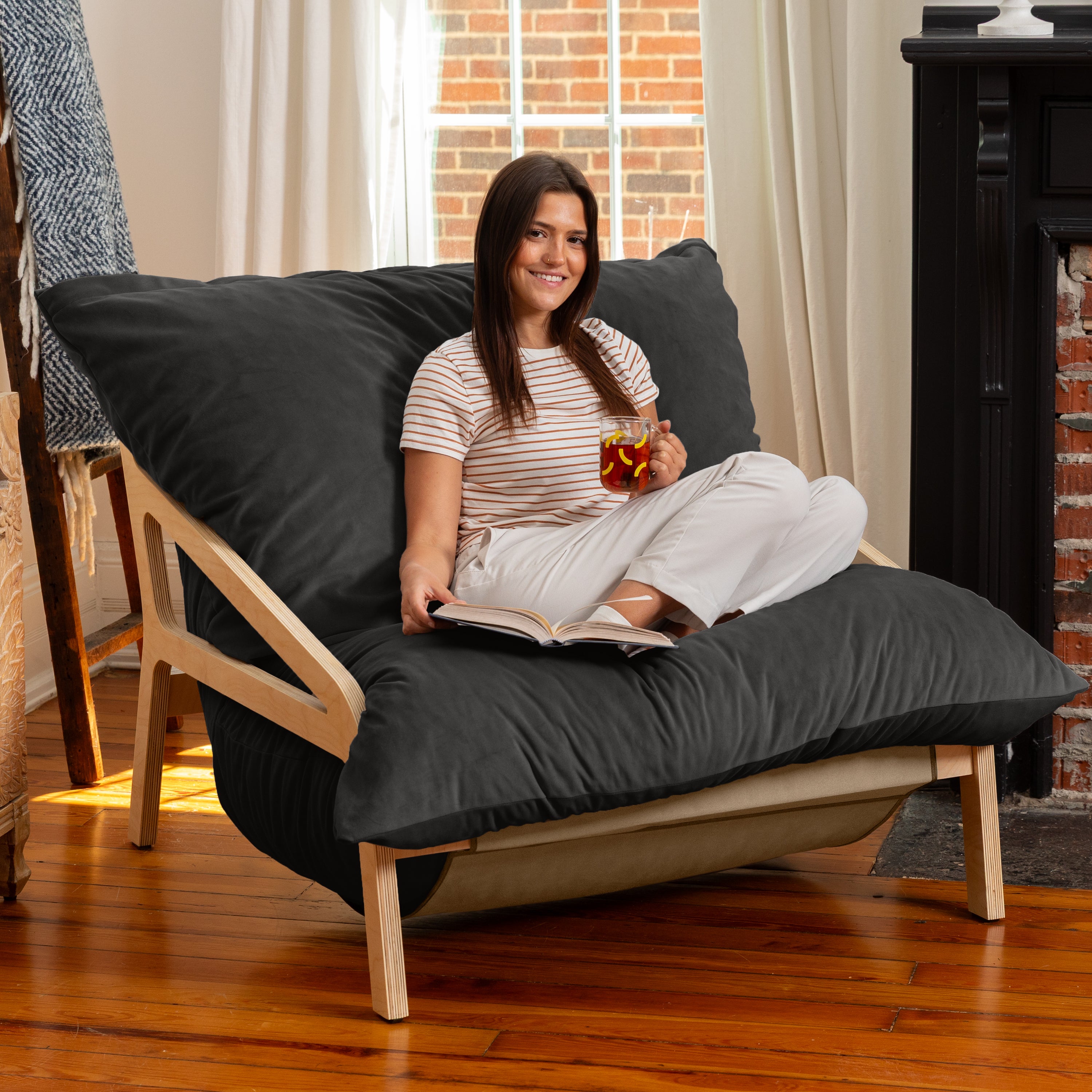 Pillow Saxx Dream Lounger with Wood Frame - 3-in-1 Bean Bag Accent Chair, Recliner & Sleeper, Lush Velvet Black