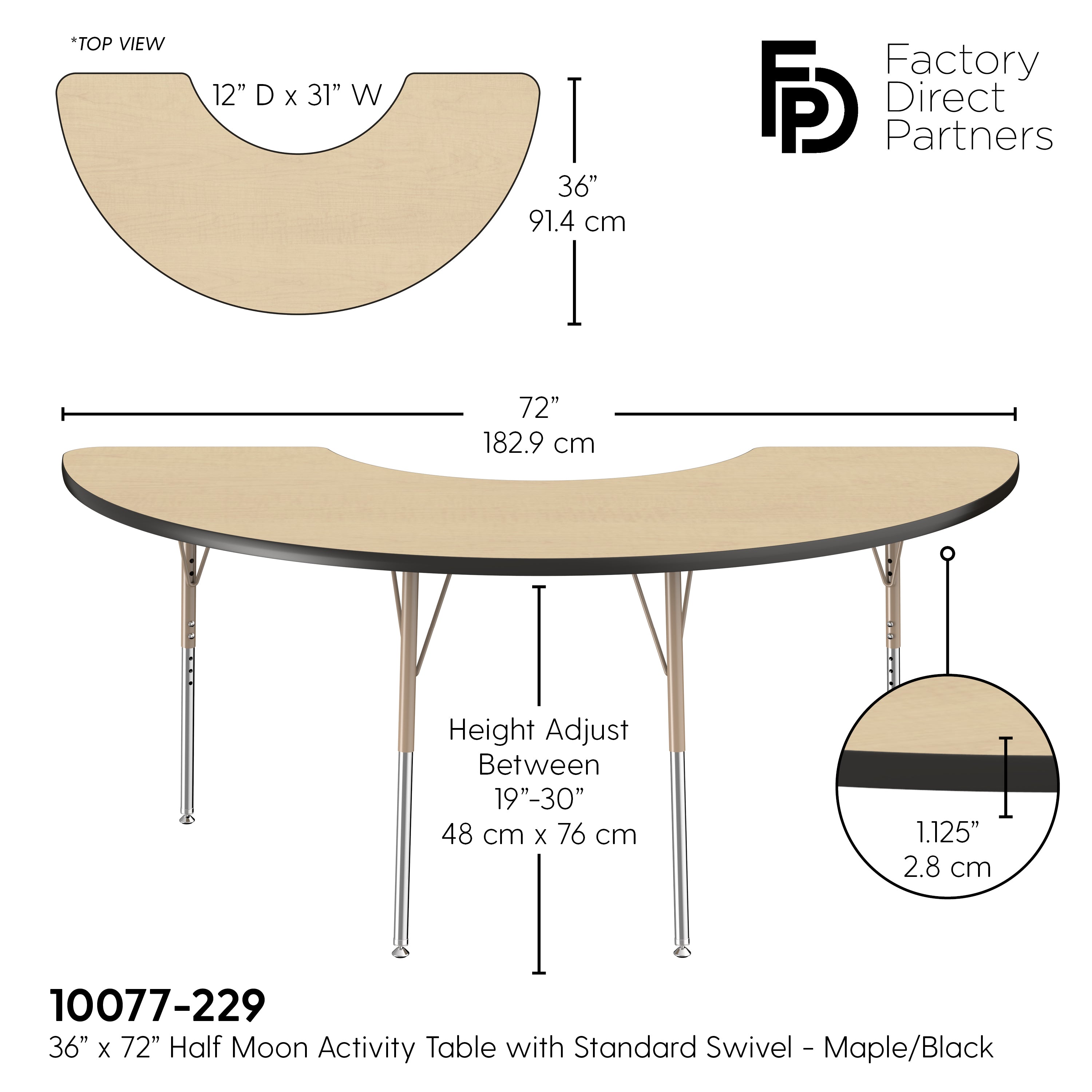 36" x 72" Half Moon T-Molding Activity Table with Adjustable Standard Swivel Glide Legs - Maple/Black/Sand