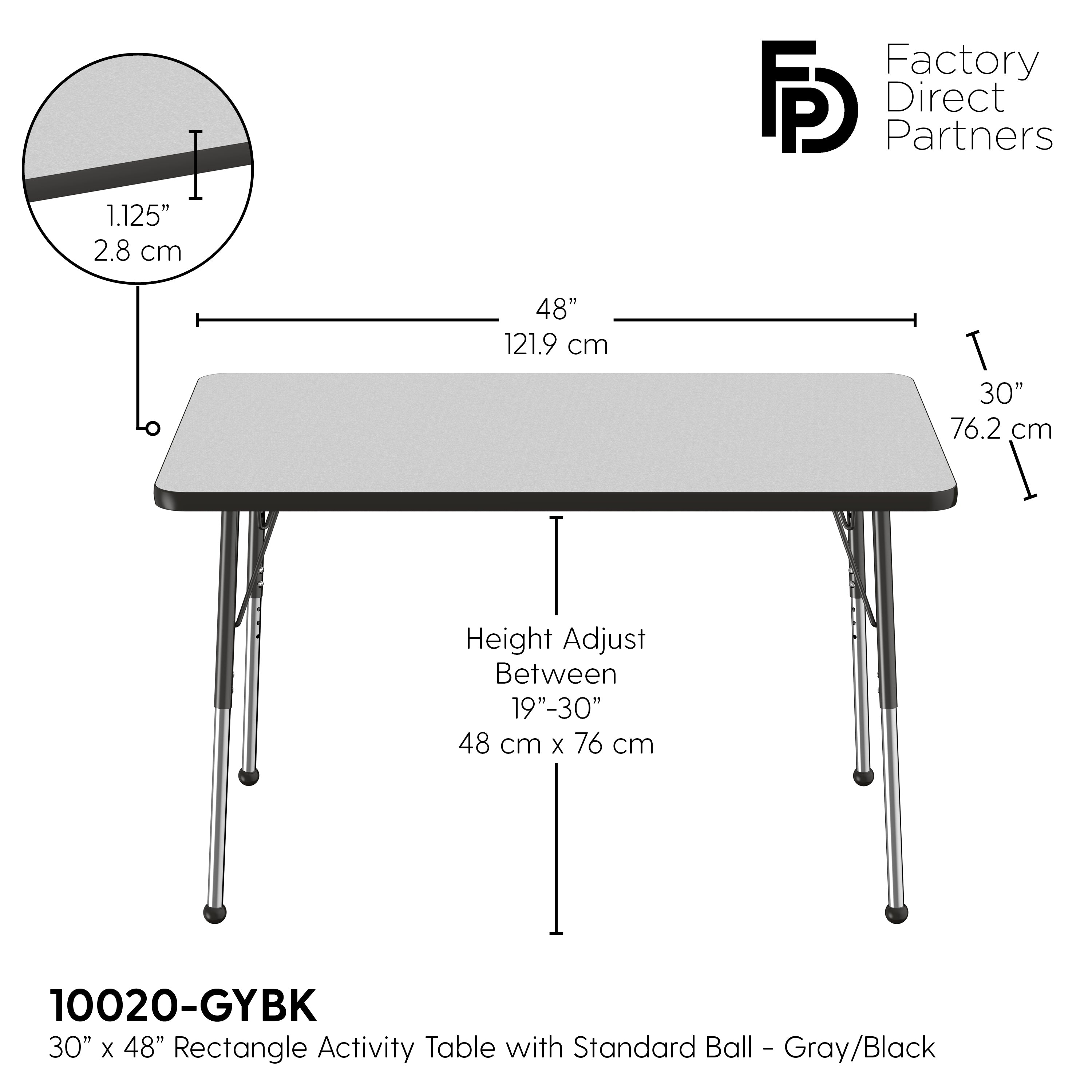 30" x 48" Rectangle T-Molding Activity Table with Adjustable Standard Ball Glide Legs - Gray/Black