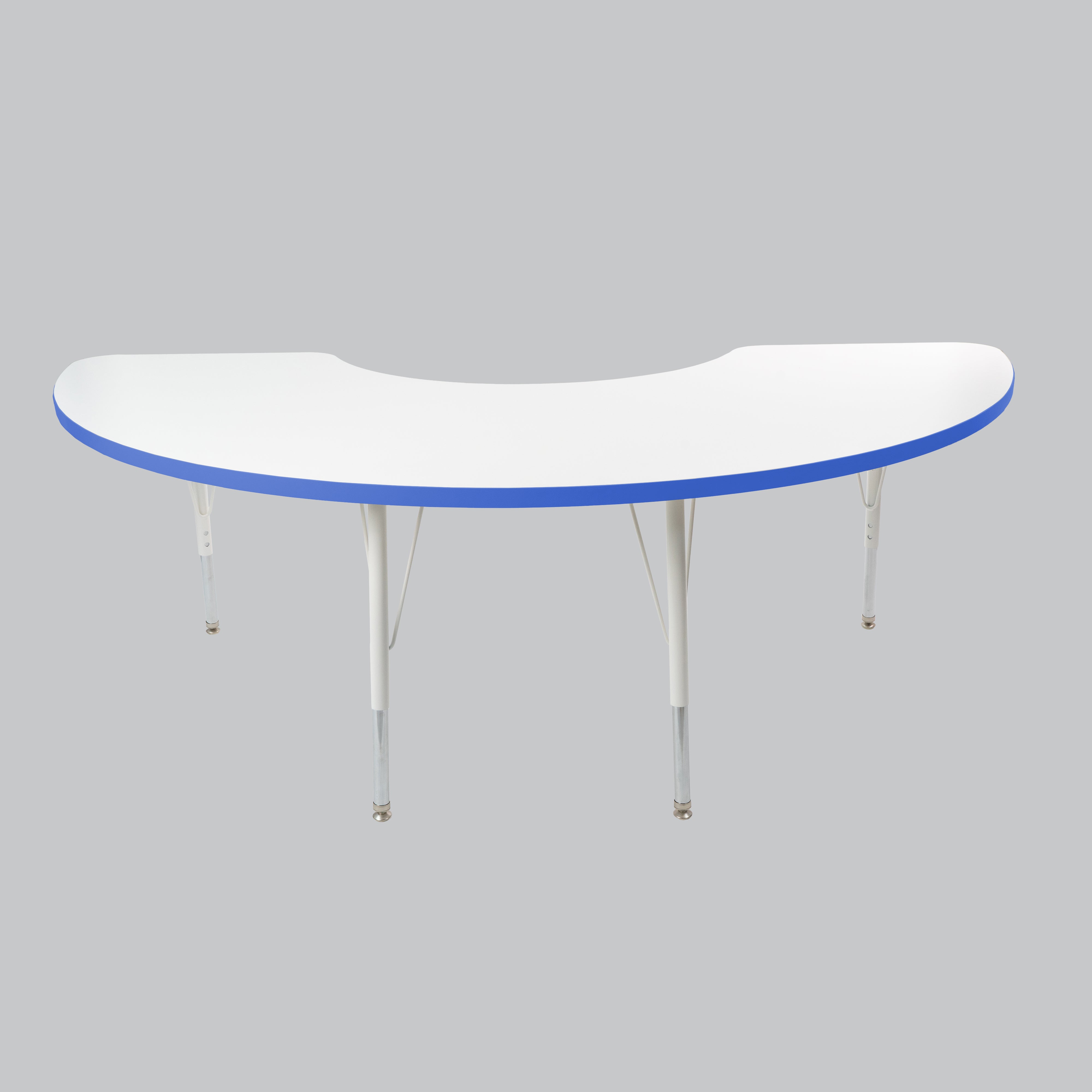 36" x 72" Half Moon Thermofused Activity Table with Adjustable Standard Swivel Glide Legs - White/Blue/White