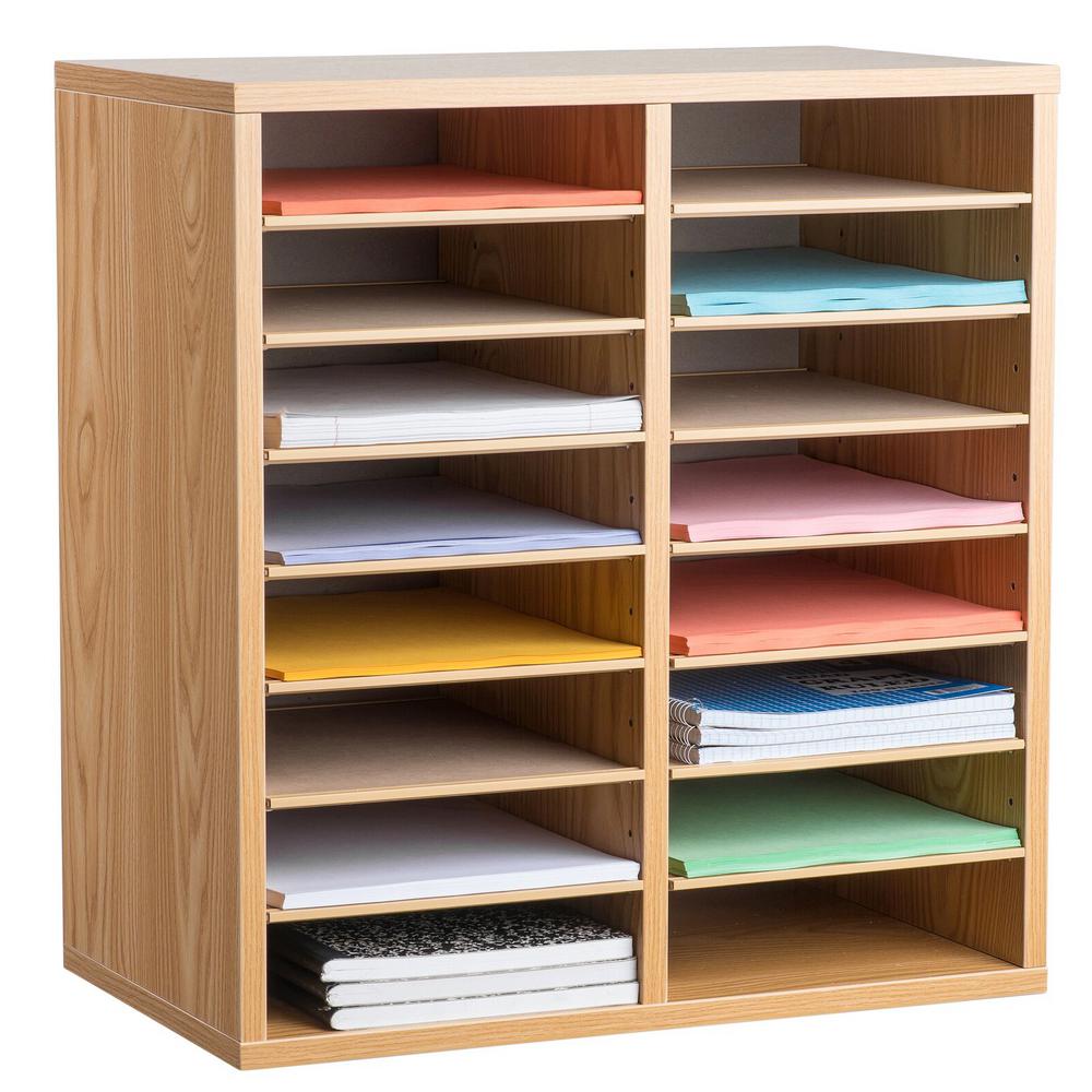 16-Compartment Wood Adjustable Paper Sorter Literature File Organizer, Medium Oak