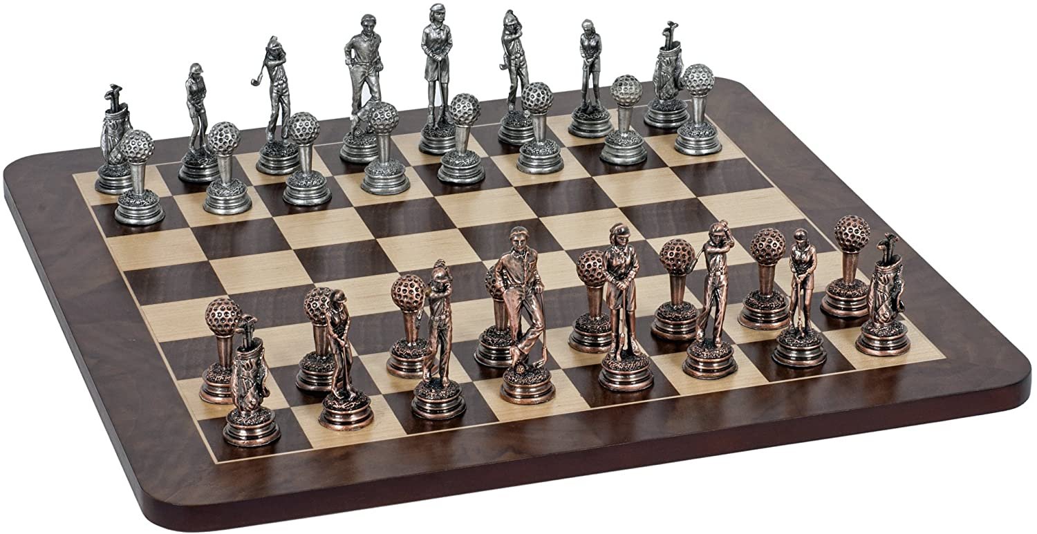Golf Chess Set - Pewter Pieces & Walnut Root Board 16 in