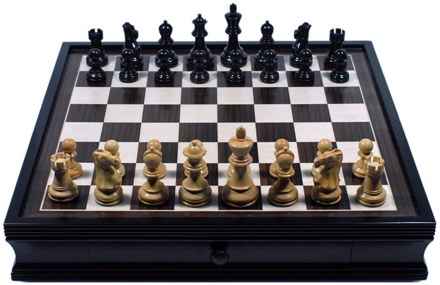 Grand English Style Chess Set with Storage Drawers - Pieces are Tournament Sized and Hand Carved with Black Stained Wood Board 19 in