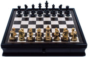 Grand English Style Chess Set with Storage Drawers - Pieces are Tournament Sized and Hand Carved with Black Stained Wood Board 19 in