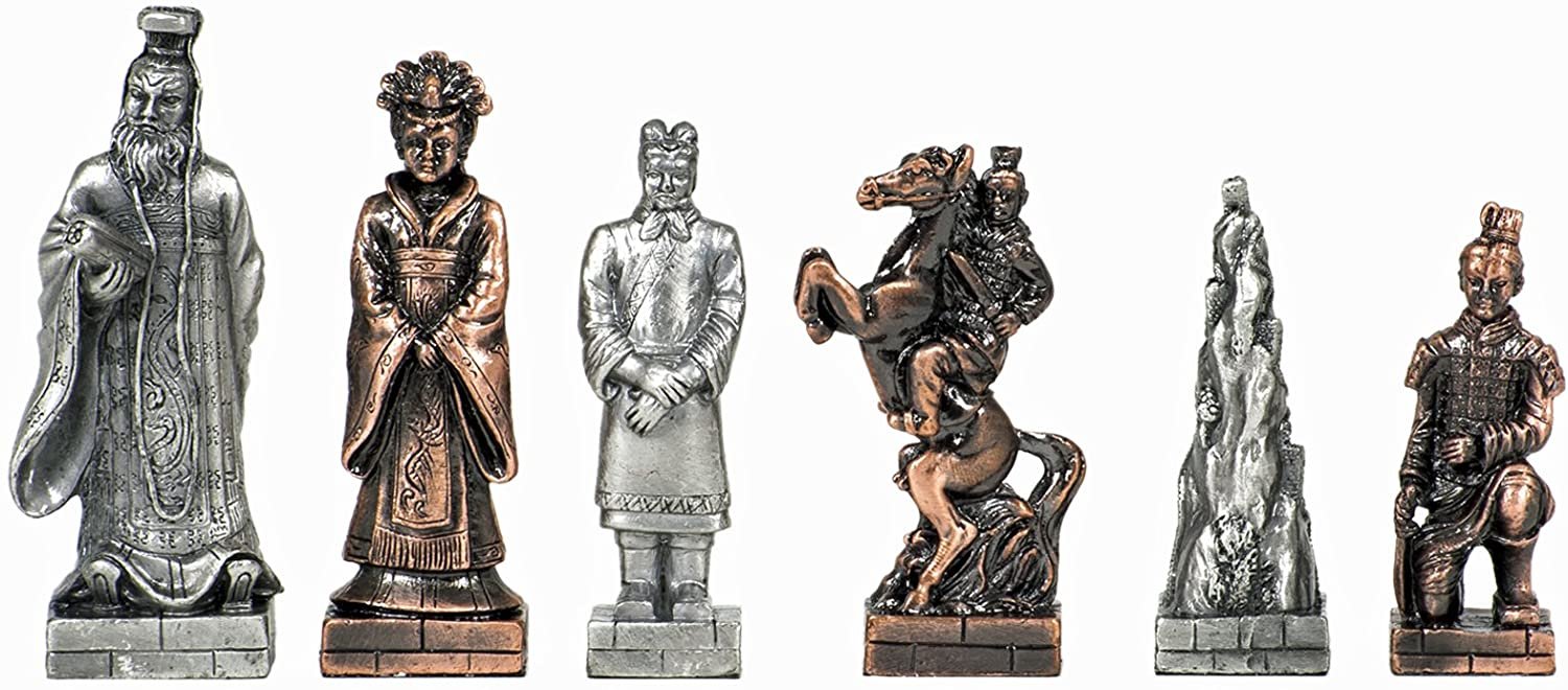 Chinese Qin Chess Set - Pewter Pieces & Walnut Root Board 16 in.