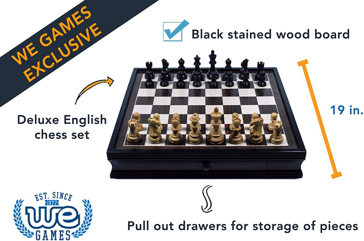Grand English Style Chess Set with Storage Drawers - Pieces are Tournament Sized and Hand Carved with Black Stained Wood Board 19 in