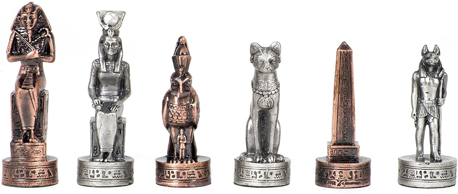 Egyptian Chess Set - Pewter Pieces & Walnut Root Board 16 in.