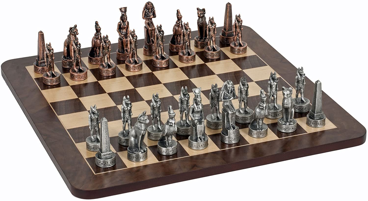 Egyptian Chess Set - Pewter Pieces & Walnut Root Board 16 in.