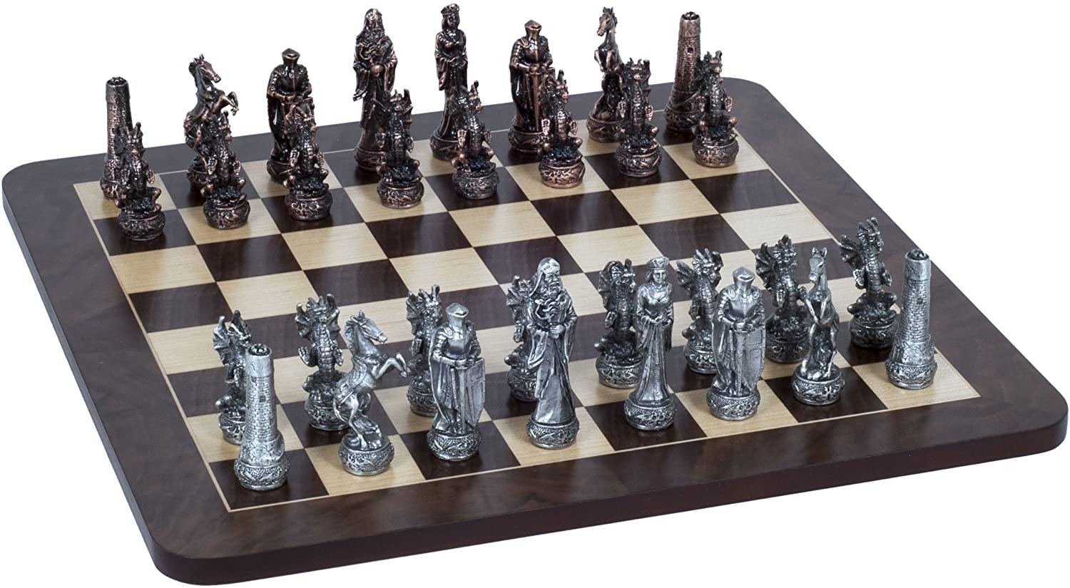 Fantasy Chess Set - Pewter Pieces & Walnut Root Board 16 in