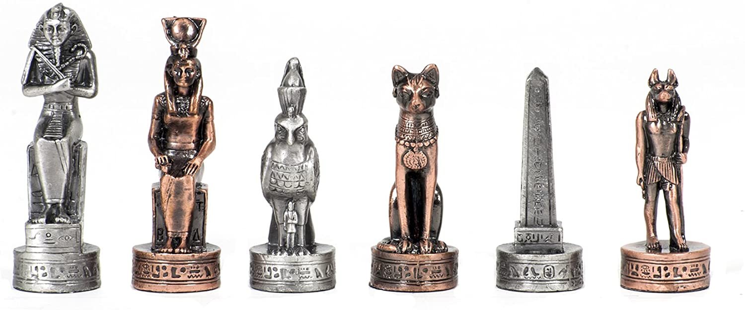 Egyptian Chess Set - Pewter Pieces & Walnut Root Board 16 in.