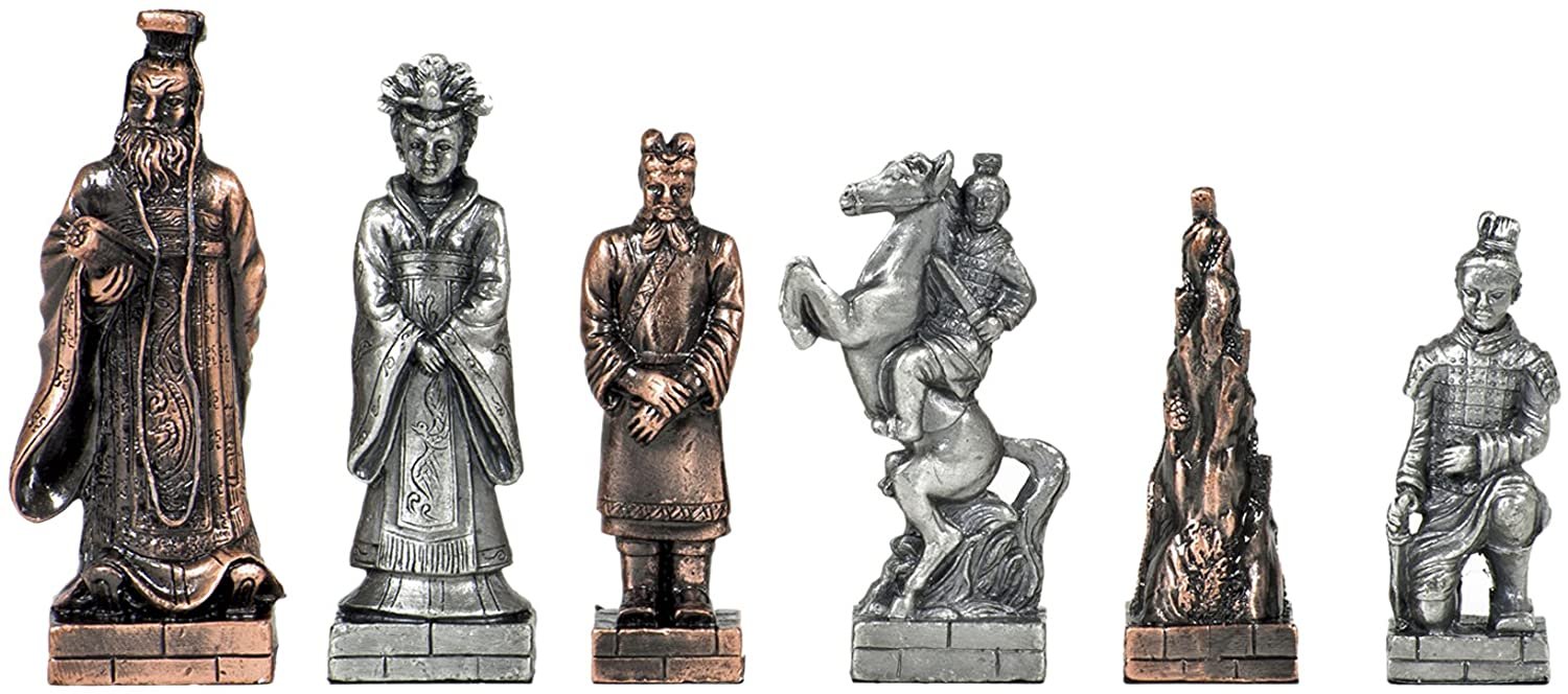 Chinese Qin Chess Set - Pewter Pieces & Walnut Root Board 16 in.