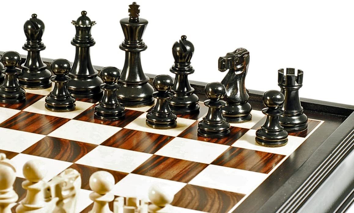 Grand English Style Chess Set with Storage Drawers - Pieces are Tournament Sized and Hand Carved with Black Stained Wood Board 19 in
