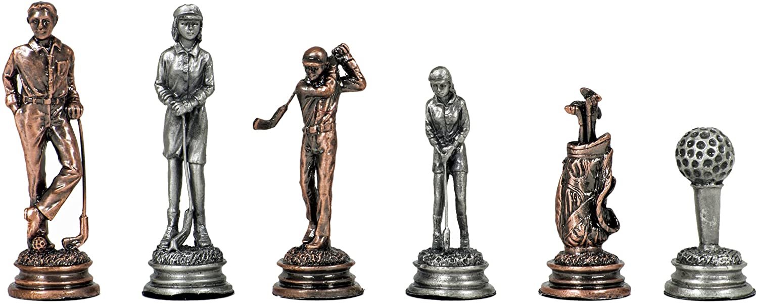 Golf Chess Set - Pewter Pieces & Walnut Root Board 16 in