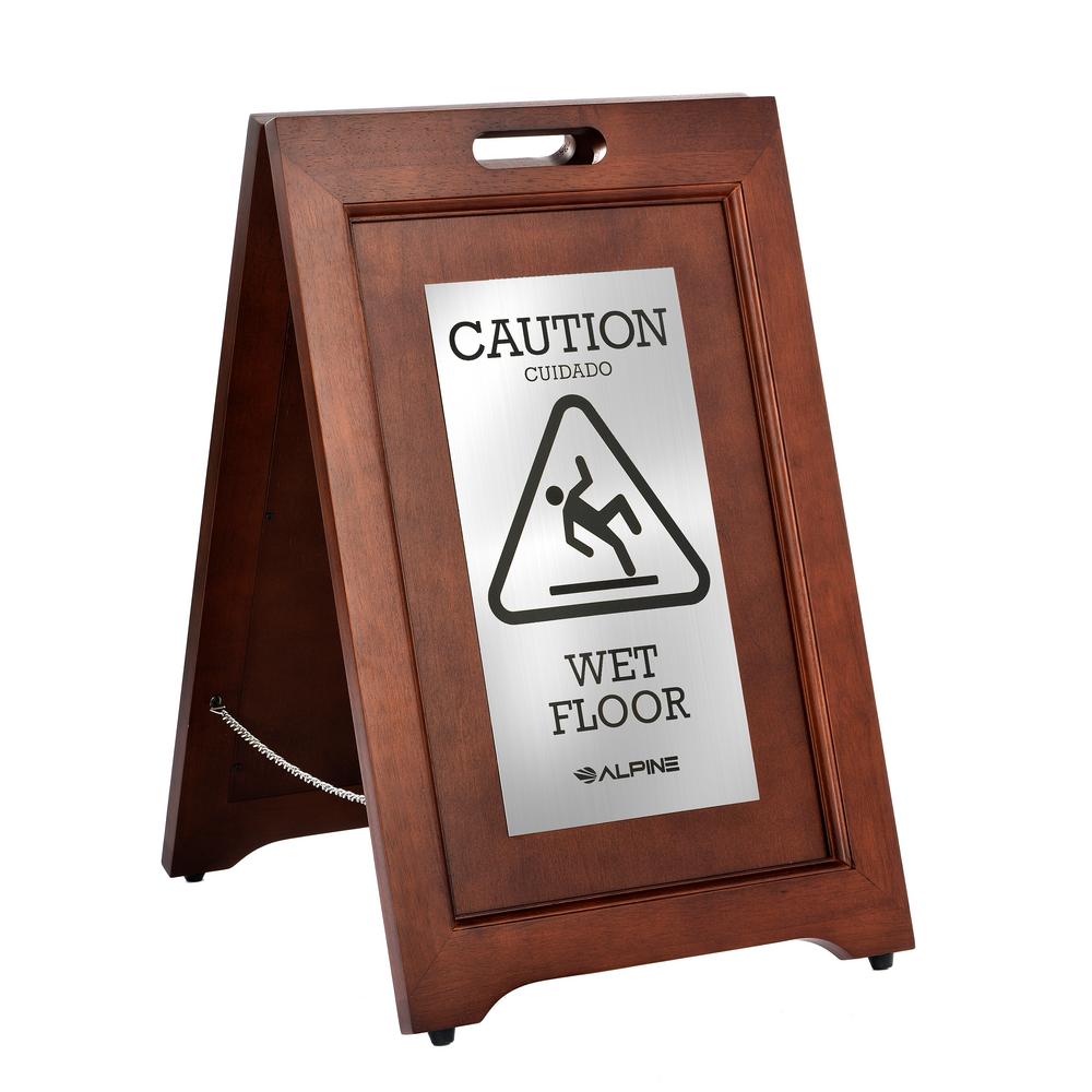 Alpine Industries 2-Sided Wooden Stainless Steel Wet Floor Sign