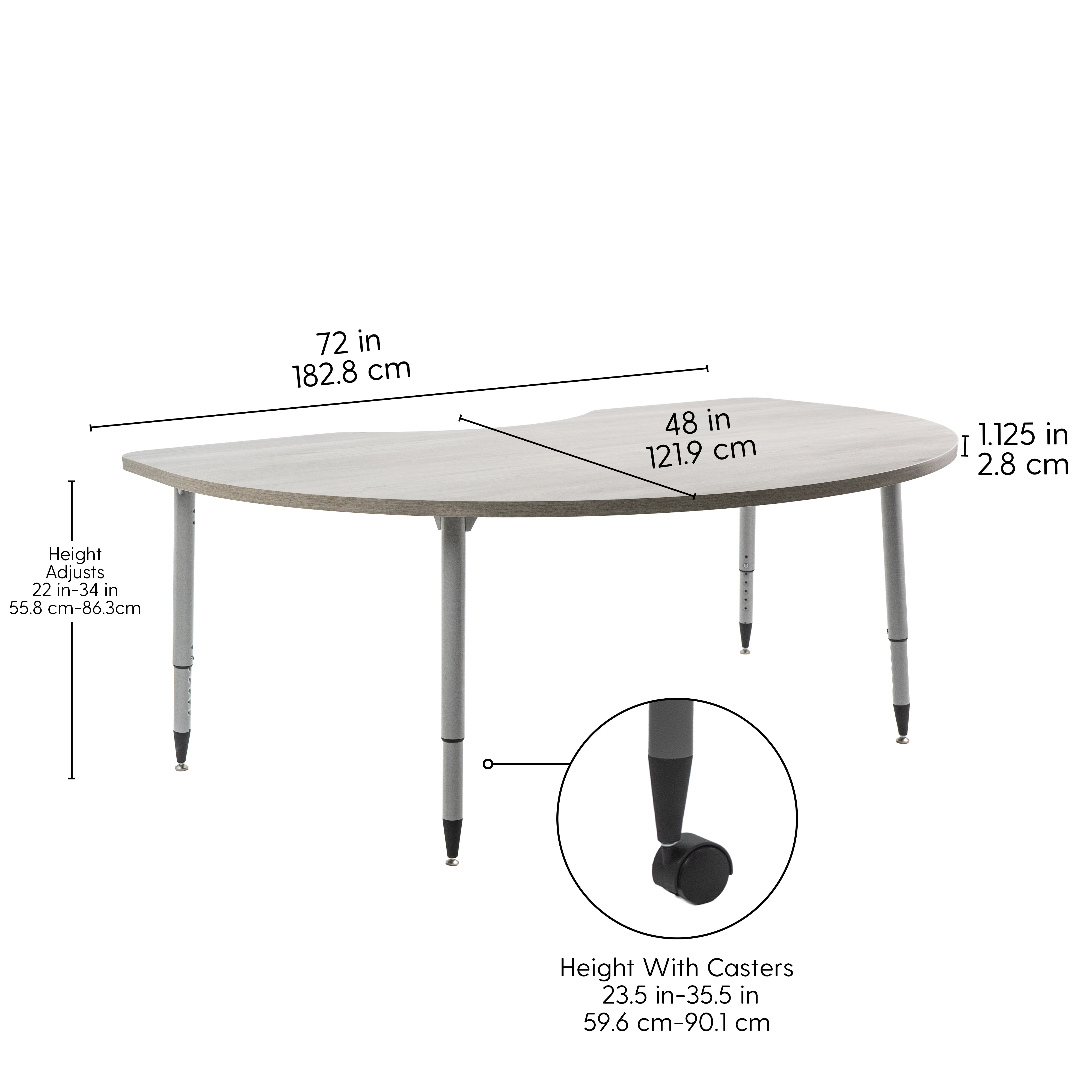 Adapte 48" x 72" Kidney Woodgrain Activity Table with Adjustable Tapered Legs - Light Gray Wood/Silver