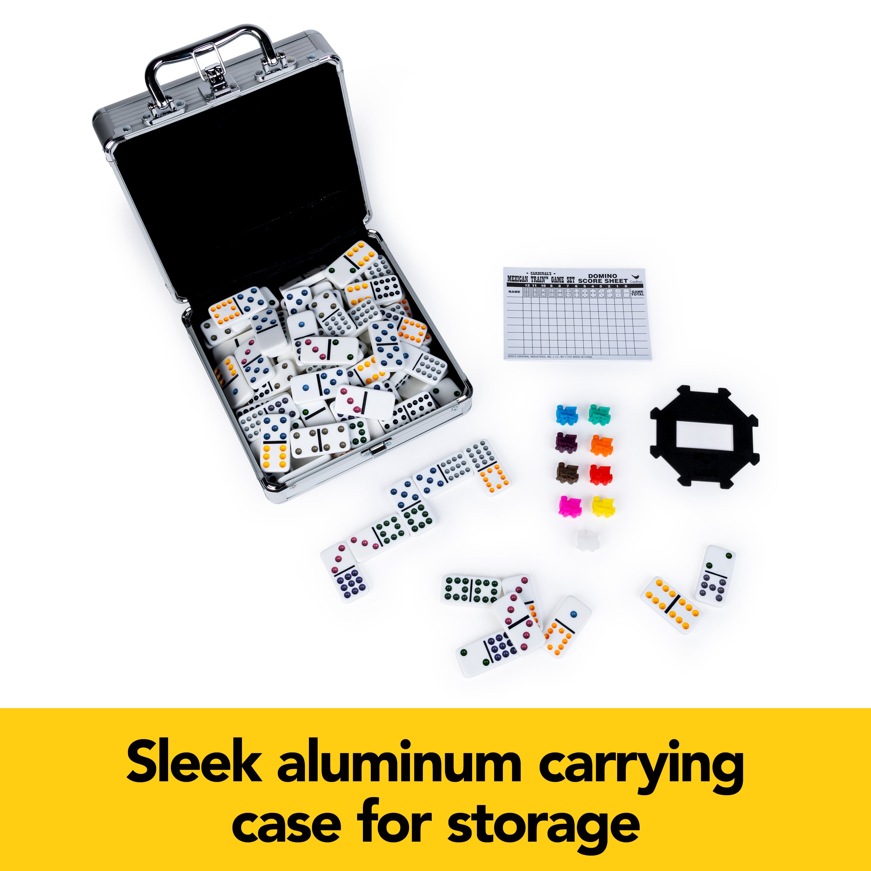Spin Master Games, Mexican Train Dominoes Set in Aluminum Carry Case, Includes Colorful Trains for Fun-Filled Family Game Night, for Kids & Family, 2-8 Players, for Ages 8 & Up