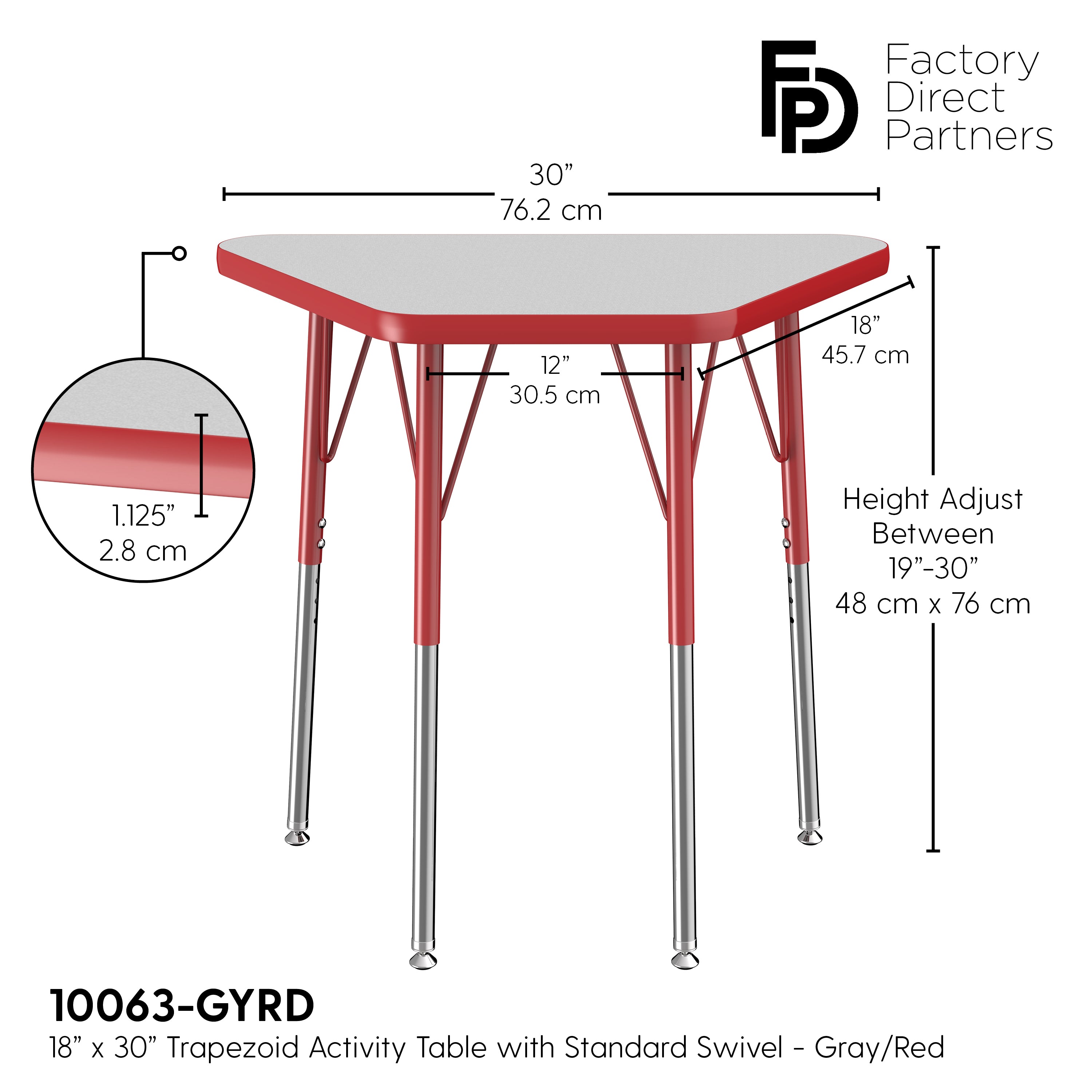 18" x 30" Trapezoid T-Molding Activity Table with Adjustable Standard Swivel Glide Legs - Gray/Red