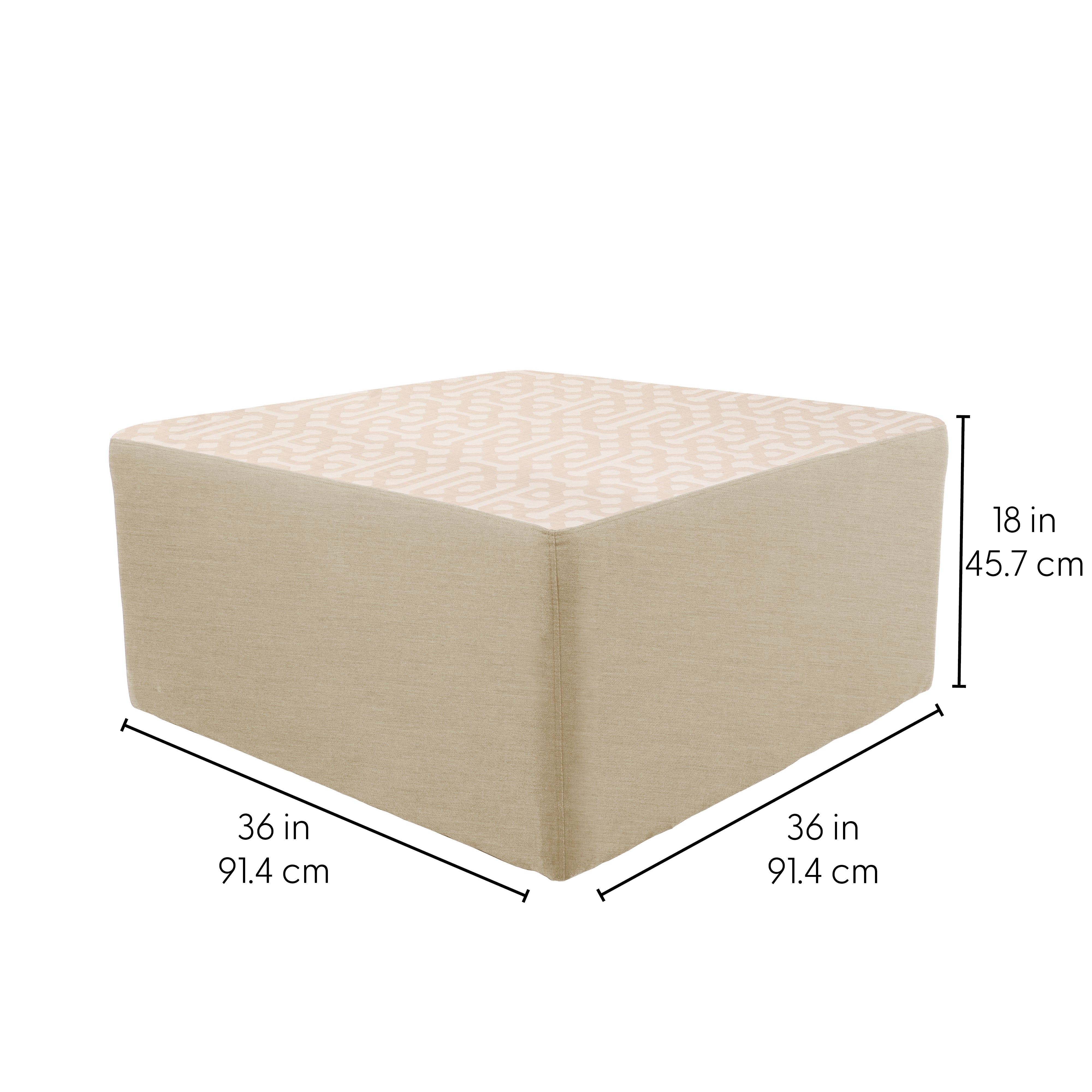 Outdoor 36" Square Ottoman with Sunbrella, 18" H - Fretwork Flax/Spectrum Sand