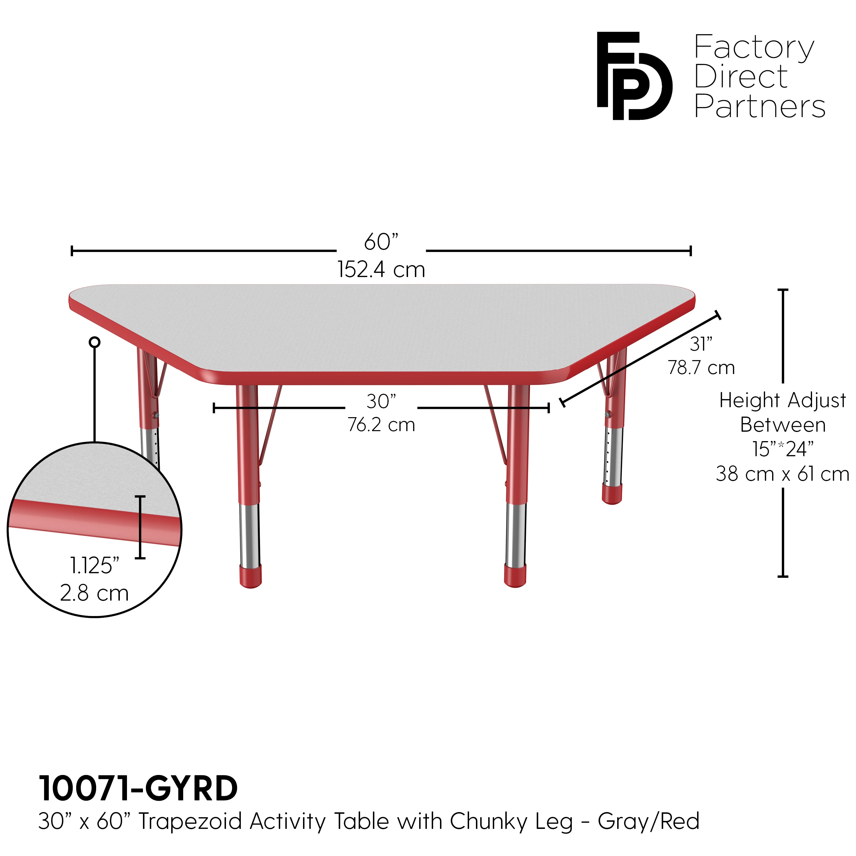 30" x 60" Trapezoid T-Molding Activity Table with Adjustable Chunky Legs - Gray/Red