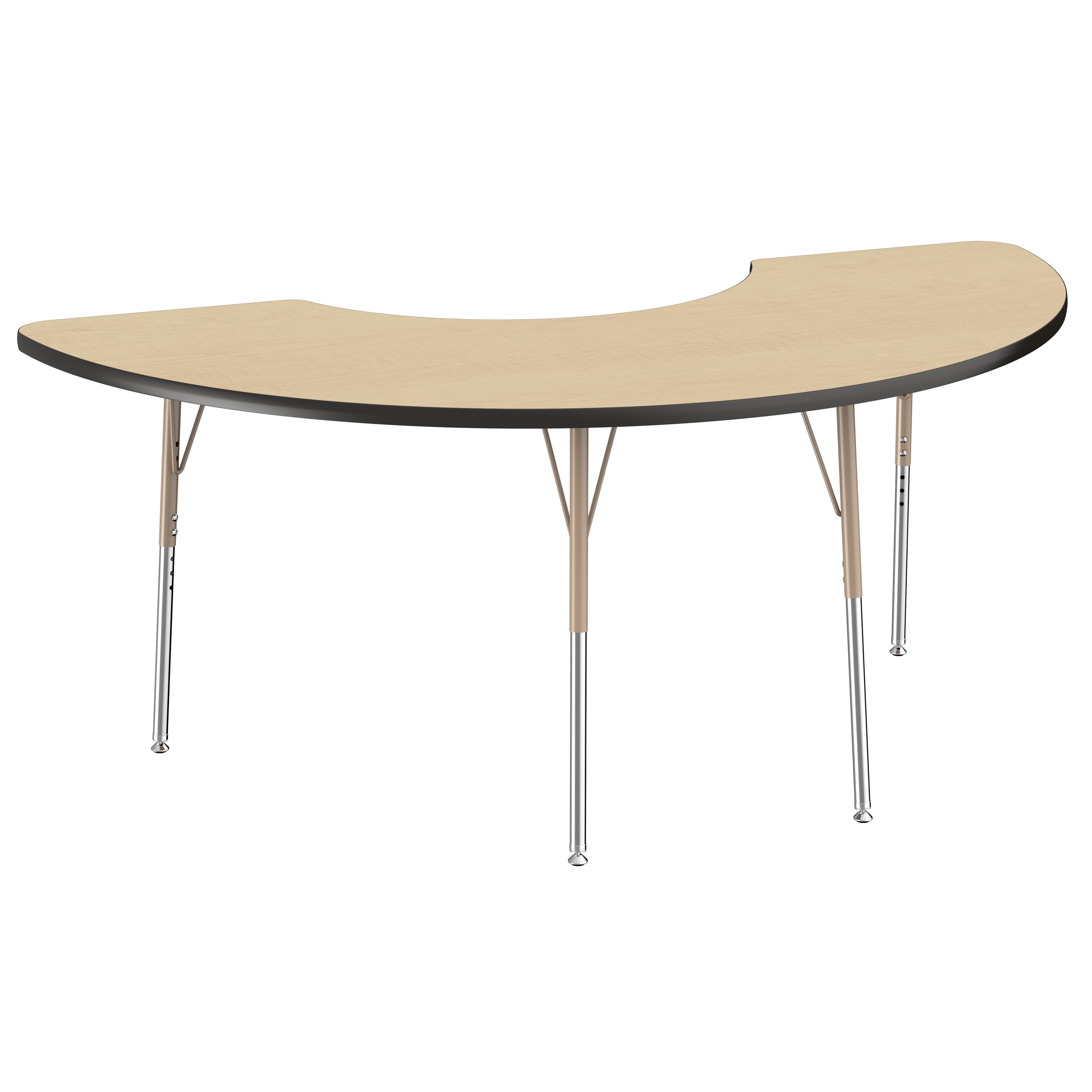 36" x 72" Half Moon T-Molding Activity Table with Adjustable Standard Swivel Glide Legs - Maple/Black/Sand