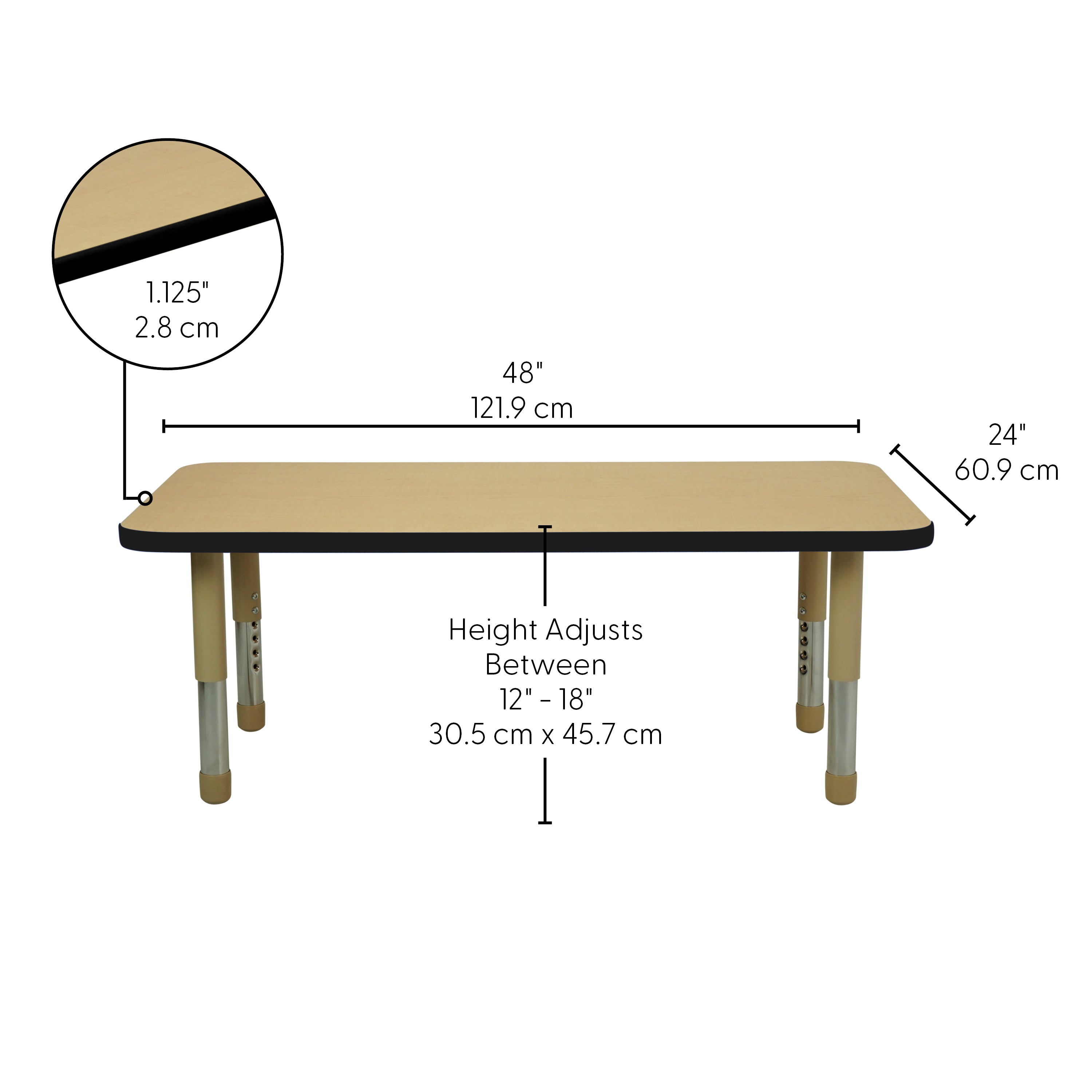 24" x 48" Rectangle T-Molding Activity Table with Adjustable Tiny Tot Legs - Maple/Black/Sand