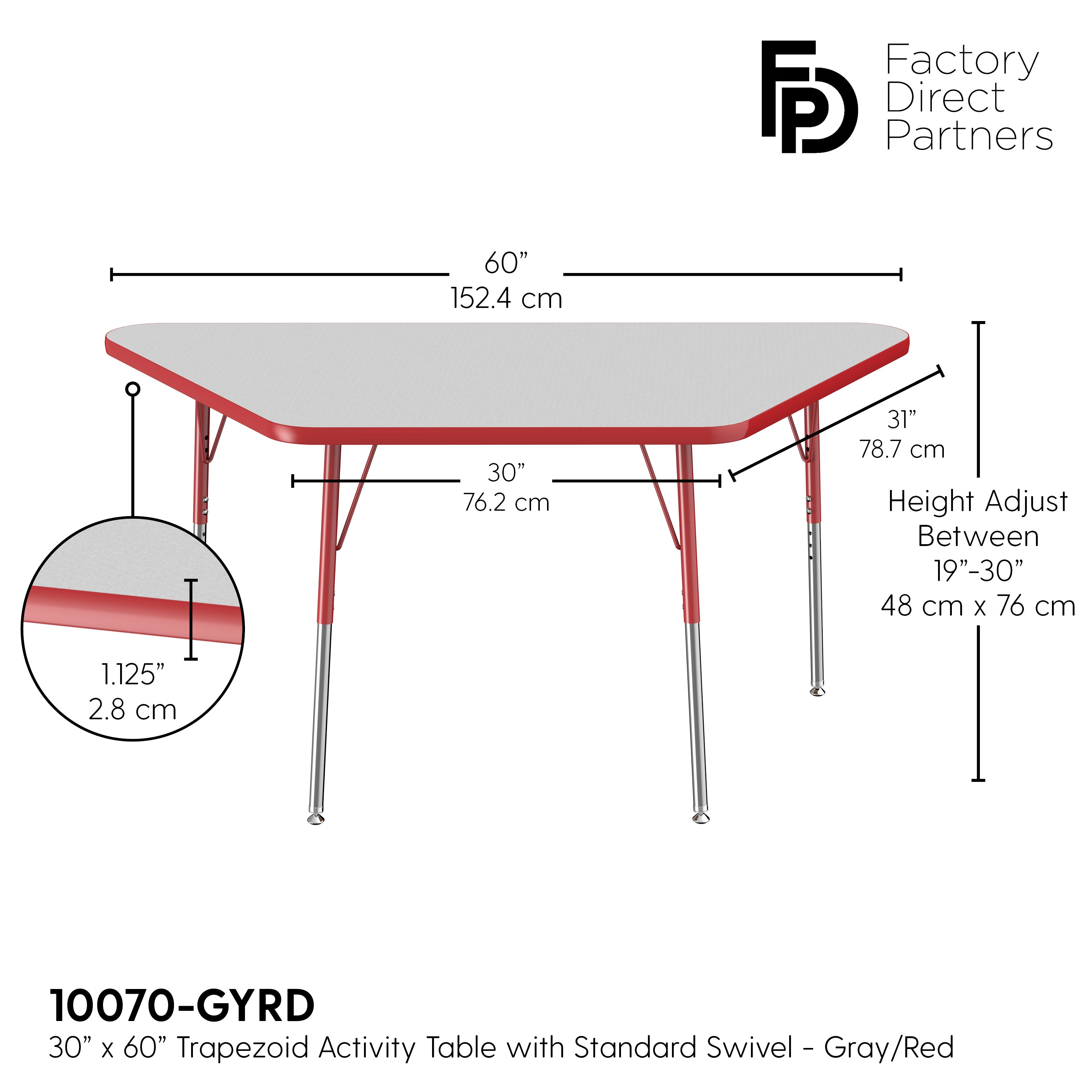 30" x 60" Trapezoid T-Molding Activity Table with Adjustable Standard Swivel Glide Legs - Gray/Red