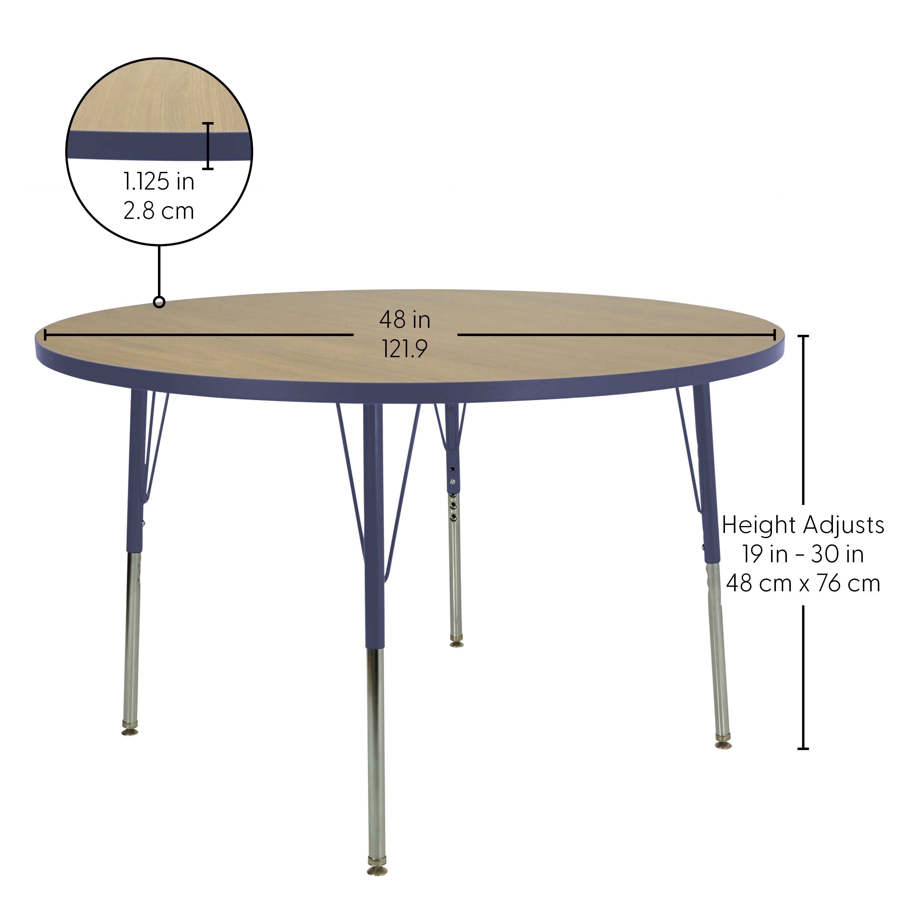 48" Round Thermofused Activity Table with Adjustable Standard Swivel Glide Legs - Pasadena Oak/Navy