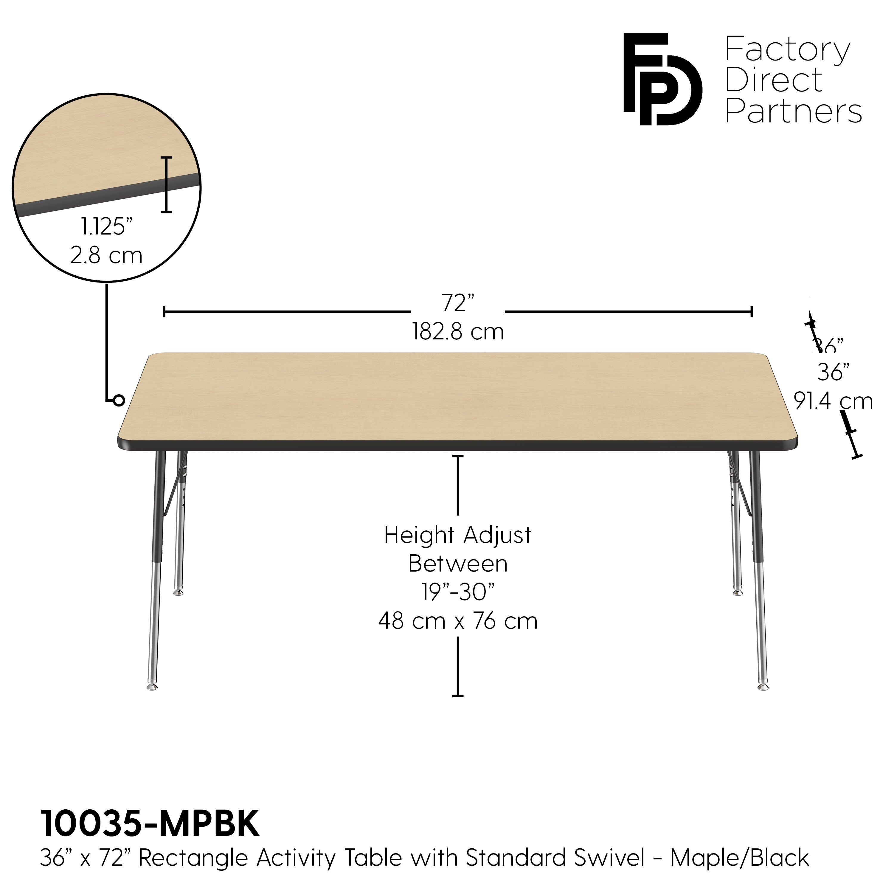 36" x 72" Rectangle T-Molding Activity Table with Adjustable Standard Swivel Glide Legs - Maple/Black