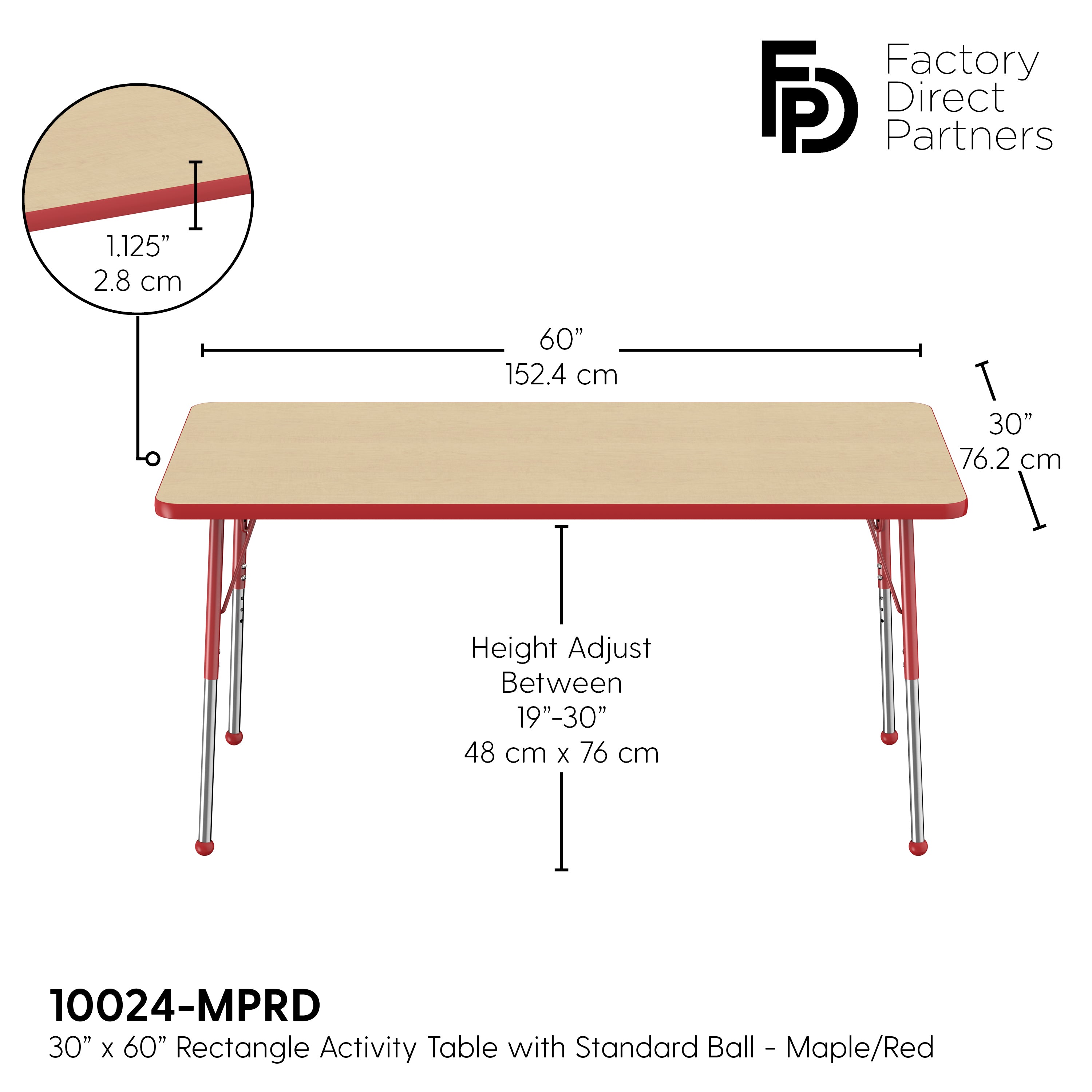 30" x 60" Rectangle T-Molding Activity Table with Adjustable Standard Ball Glide Legs - Maple/Red