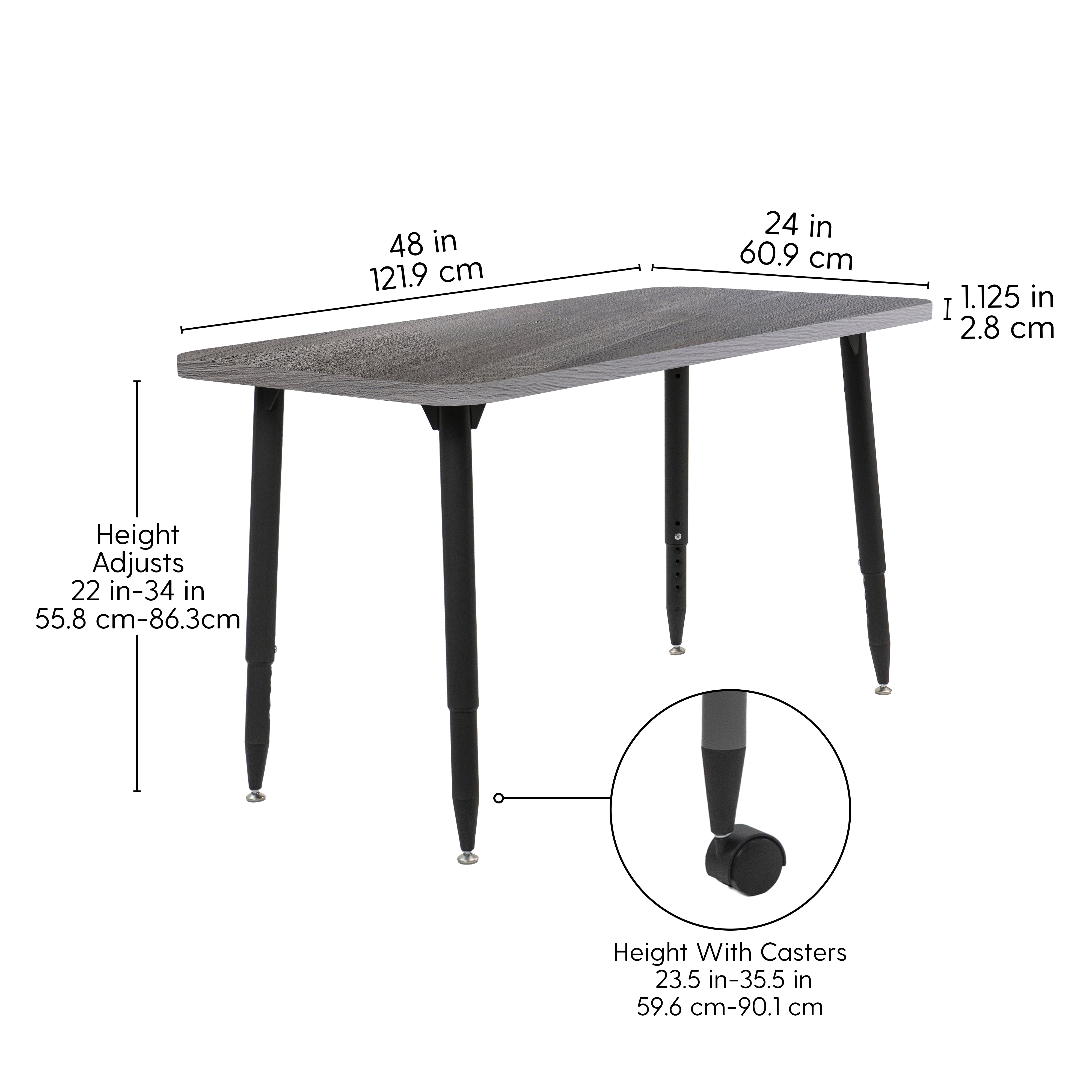 Adapte 24" x 48" Rectangle Woodgrain Activity Table with Adjustable Tapered Legs - Gray Wood/Black