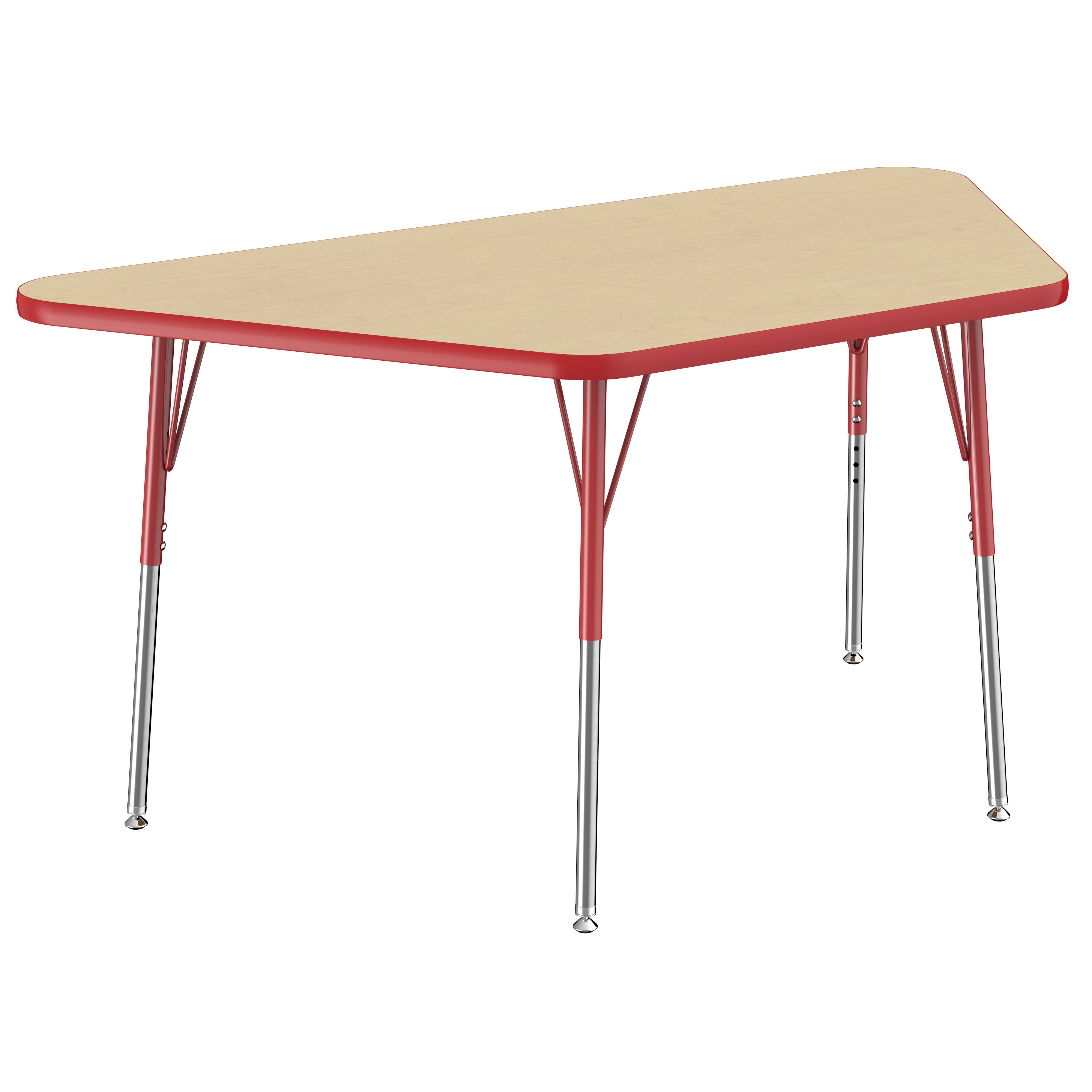 30" x 60" Trapezoid T-Molding Activity Table with Adjustable Standard Swivel Glide Legs - Maple/Red