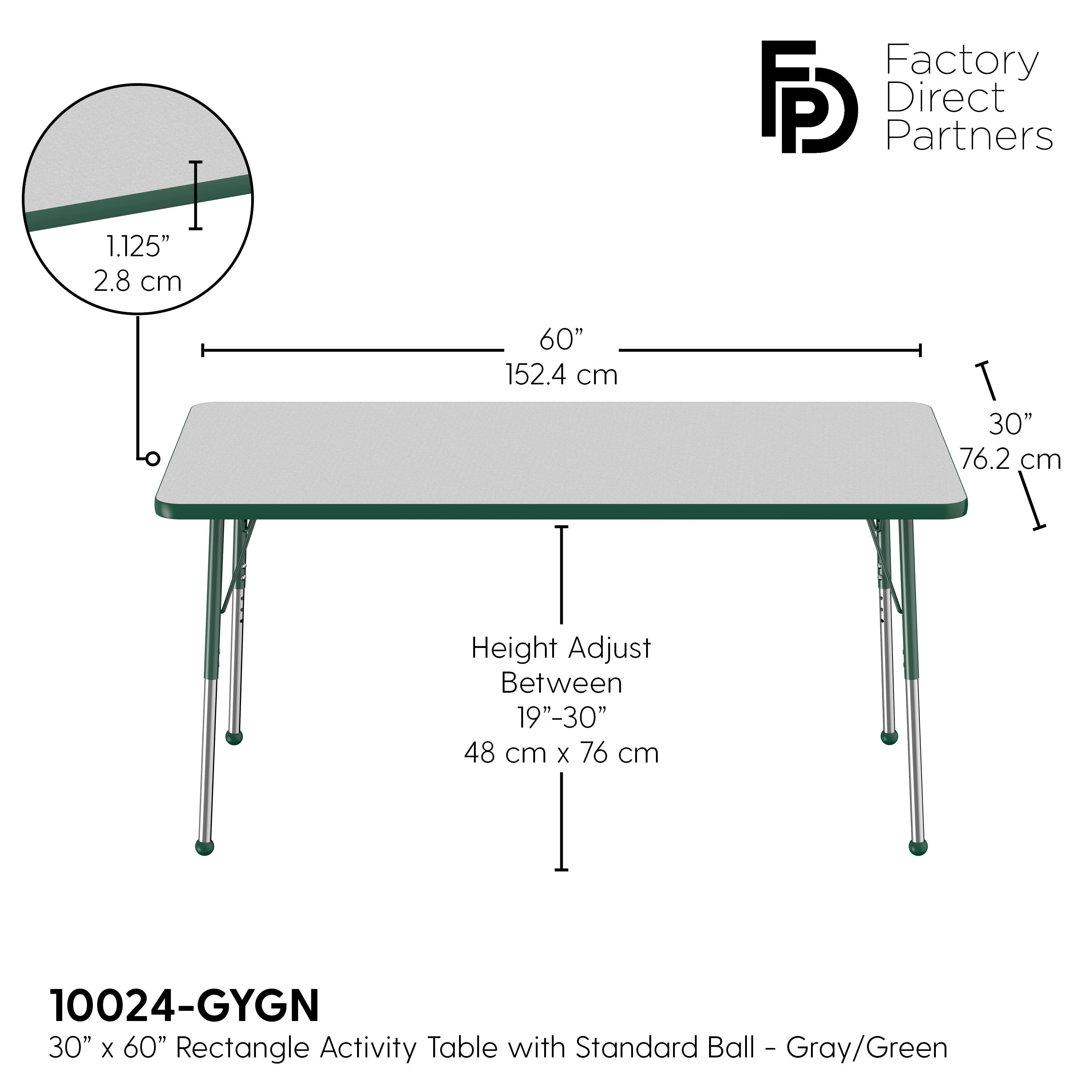 30" x 60" Rectangle T-Molding Activity Table with Adjustable Standard Ball Glide Legs - Gray/Green