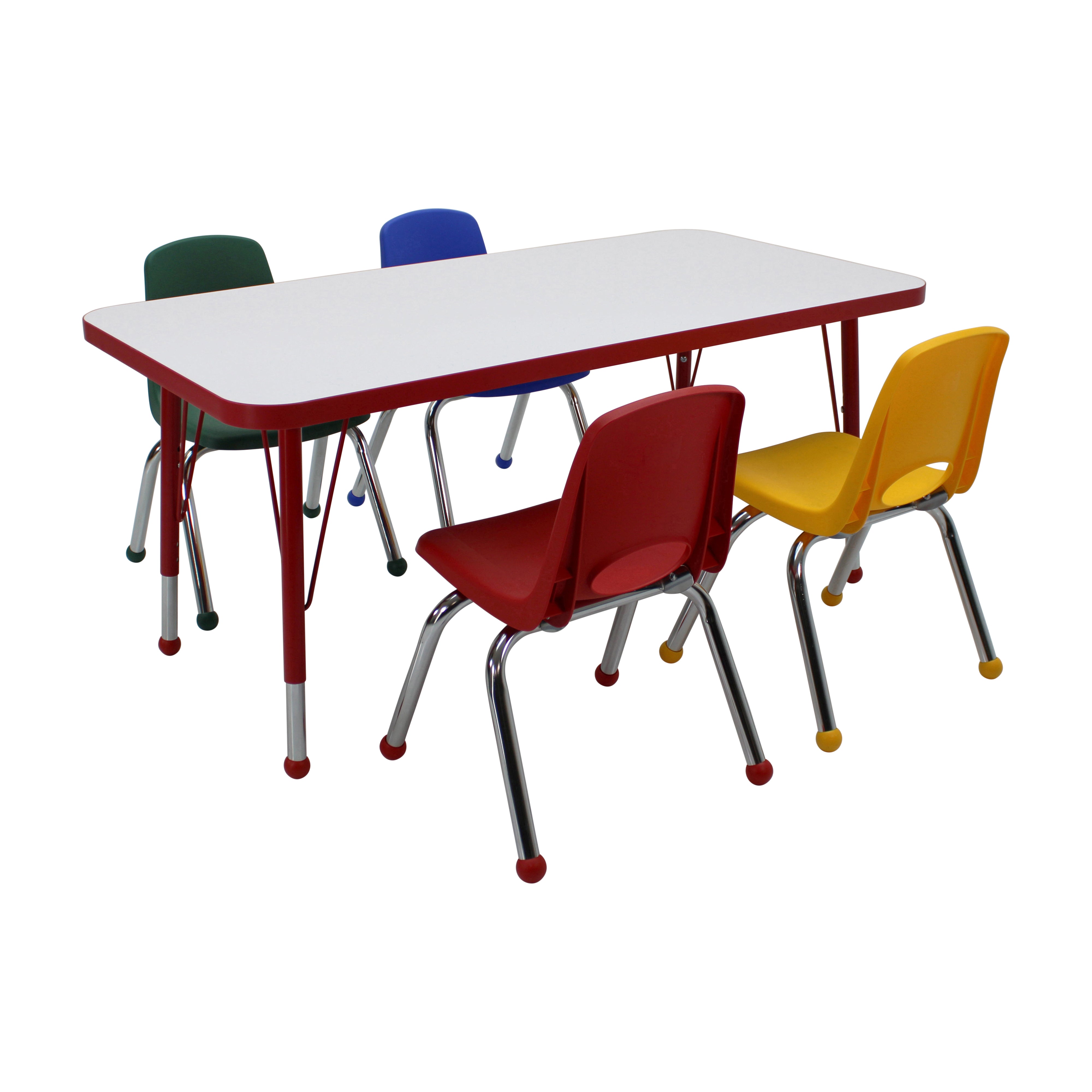 24" x 48" Rectangle Dry-Erase Activity Table with Standard Legs and 12" Stack Chairs with Ball Glides, 5-Piece Set - Whiteboard/Red/Assorted