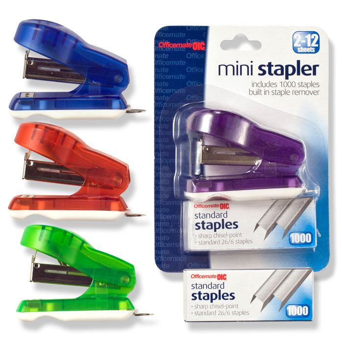 Mini Stapler w/1,000 Staples, Assorted Translucent Colors: Purple, Blue, Green, Orange