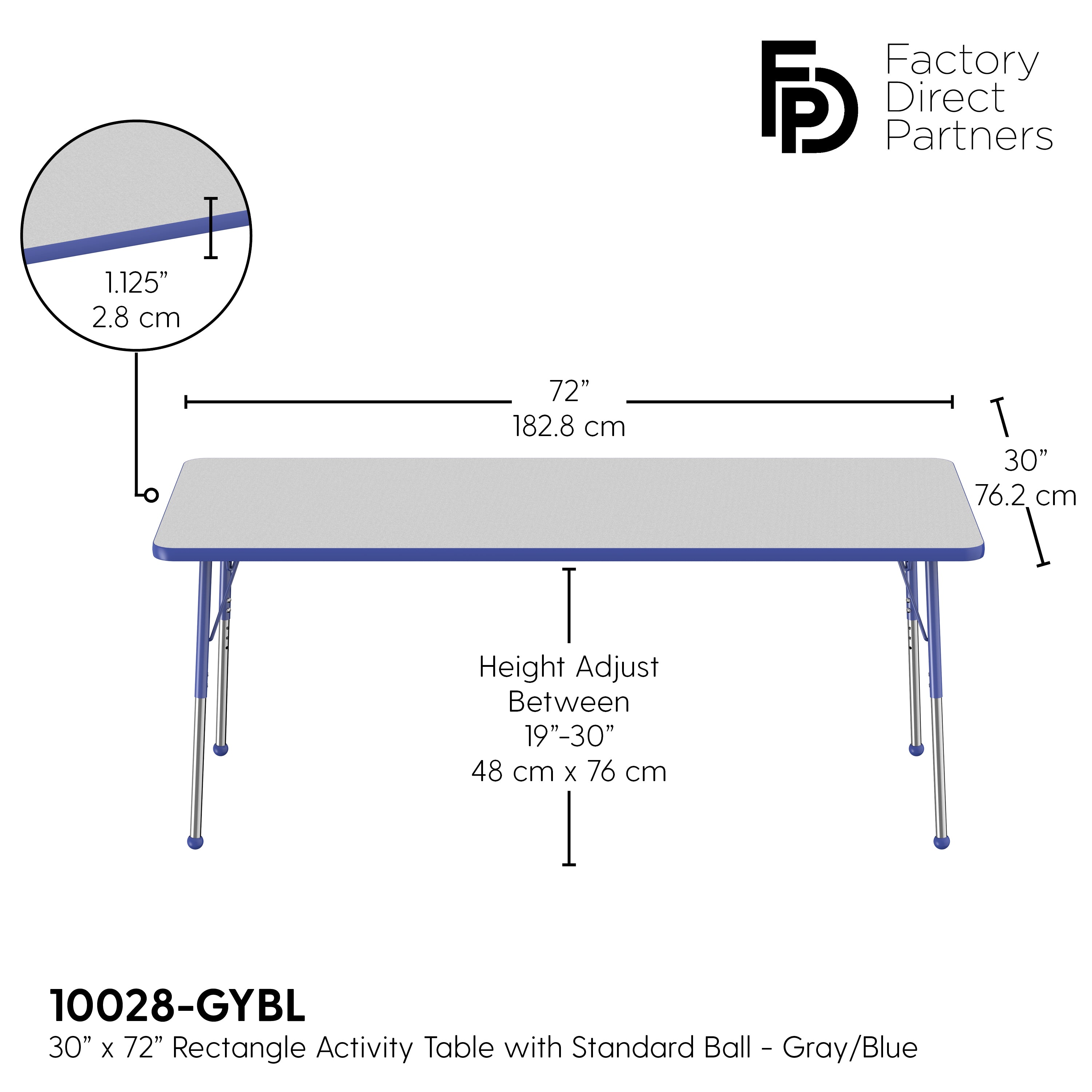 30" x 72" Rectangle T-Molding Activity Table with Adjustable Standard Ball Glide Legs - Gray/Blue
