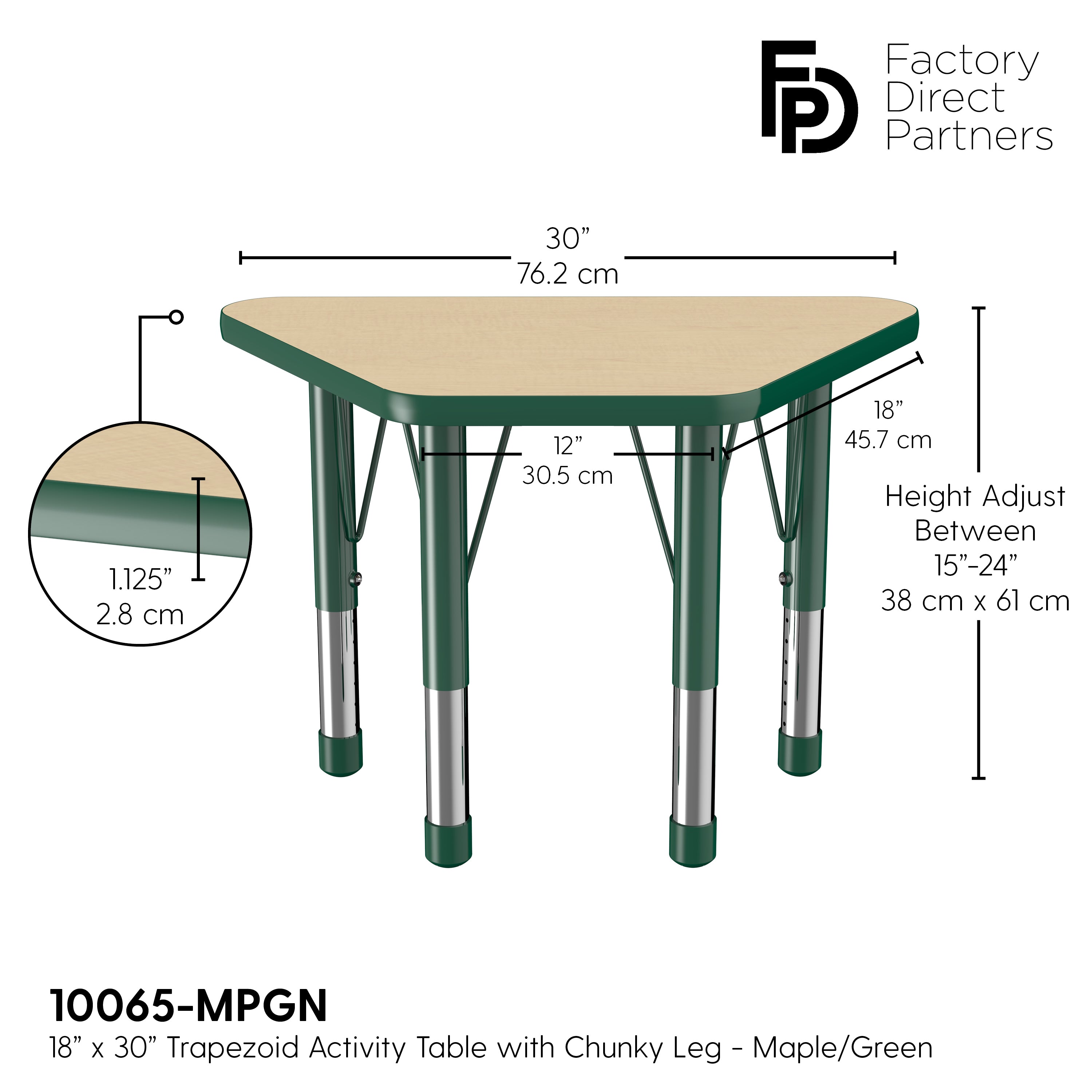 18" x 30" Trapezoid T-Molding Activity Table with Adjustable Chunky Legs - Maple/Green