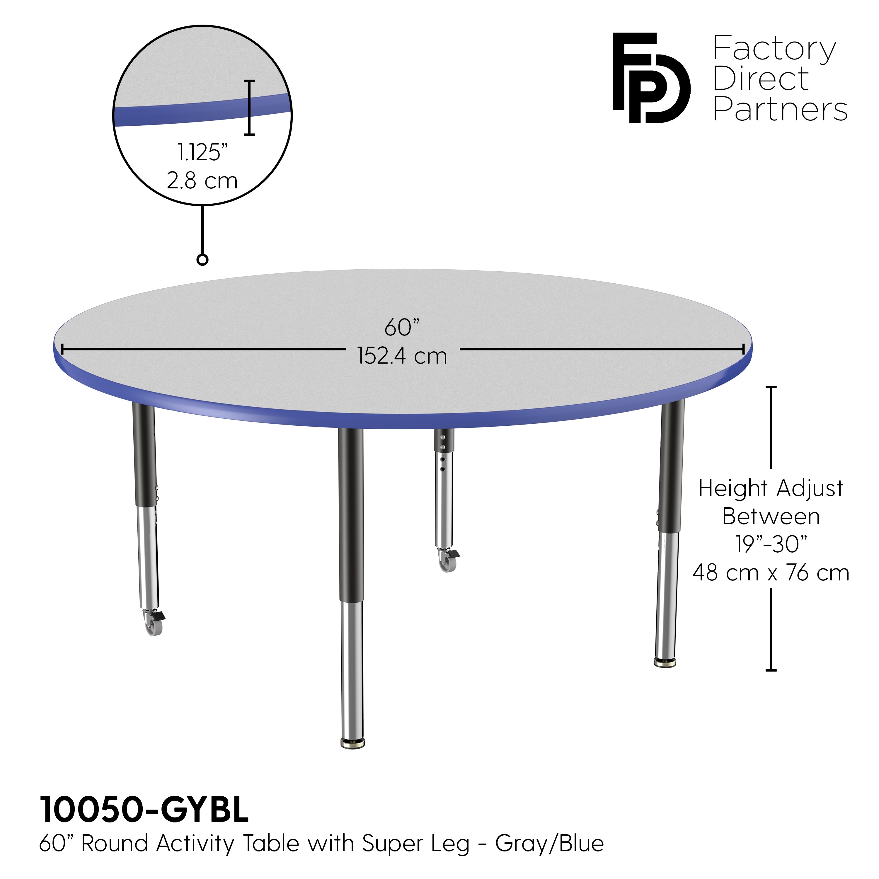 60" Round T-Molding Activity Table with Adjustable Super Legs - Gray/Blue/Black